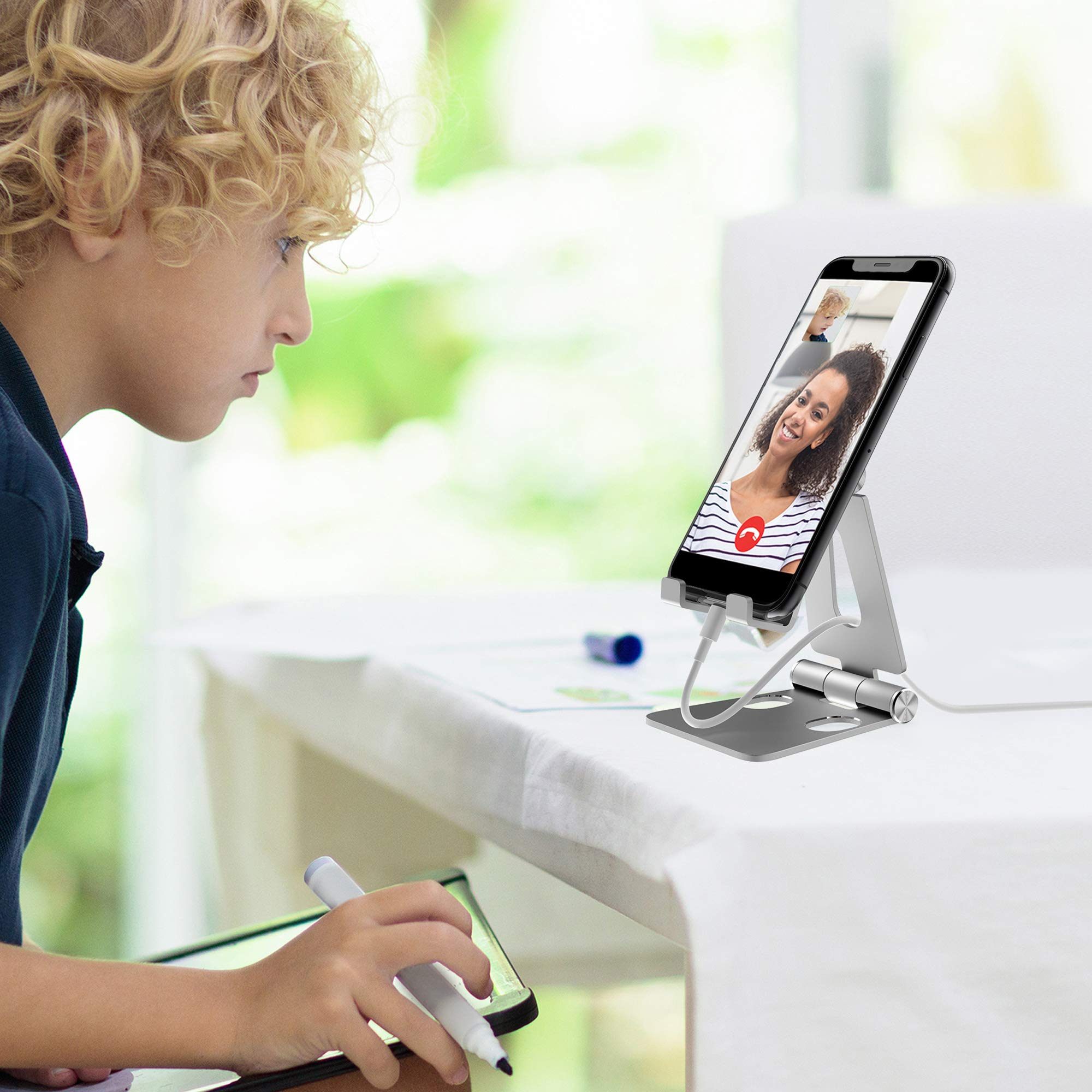 Aduro U-Rise Adjustable & Foldable Aluminum Phone Stand - Universal Cell Phone Holder for Desk, Tablet, iPhone, Samsung - Portable & Sturdy Silver Stand for Work, Watching Videos, Video Calls