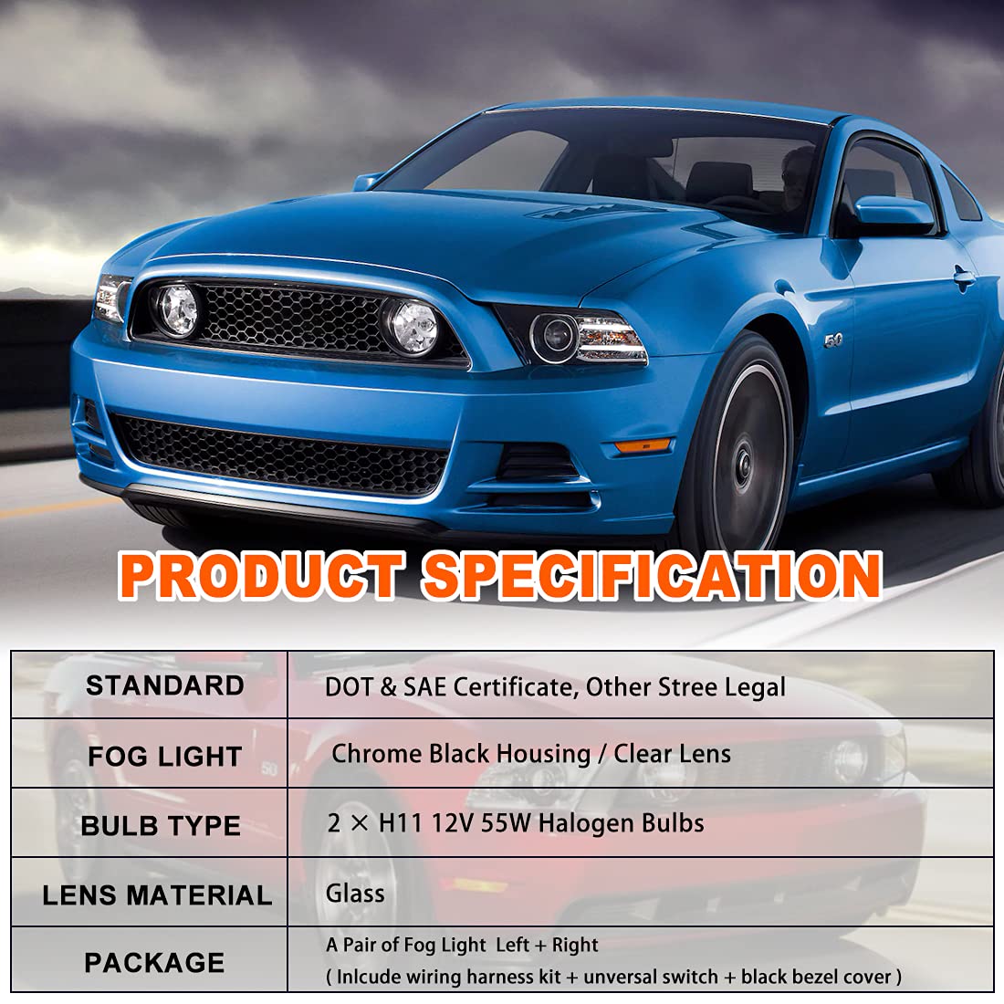 Nixon Offroad Fog Light Kit for 2013-2014 Ford Mustang - Halogen Bulbs, Wiring Harness, Universal Switch & Black Bezel Cover - Fog Light Assembly Replacement with Clear Lens - Perfect for Night Driving & Off-Road Adventures