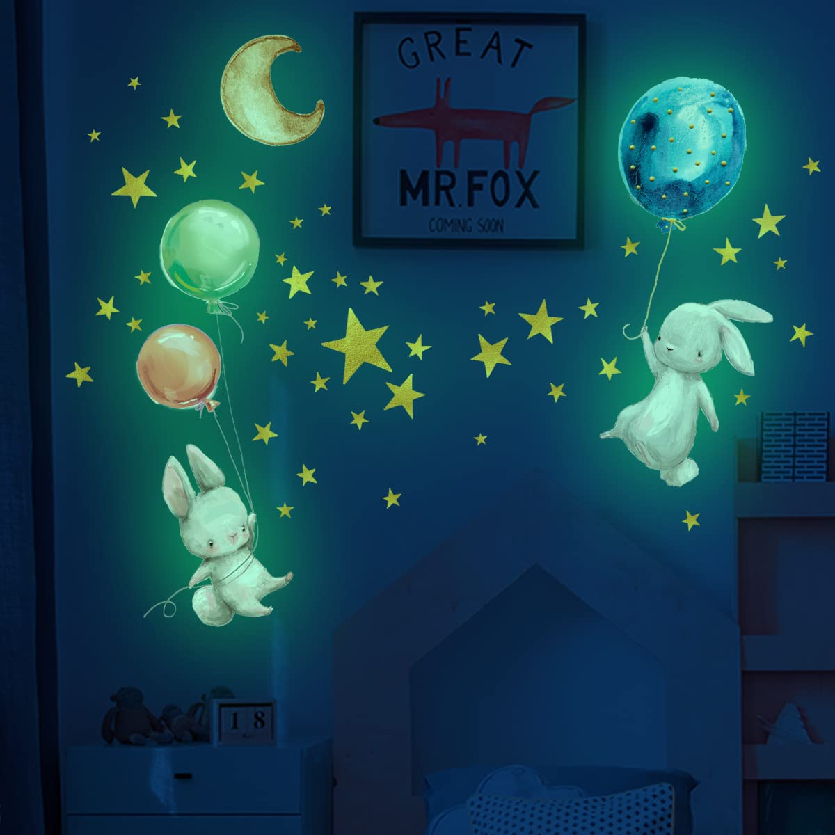 LongshengNet Glow in the Dark Bunny Balloon & Star Wall Stickers - Cartoon Nursery Decals for Kids' Room Decor | Perfect for Bedroom, Playroom & Birthday Party Decorations
