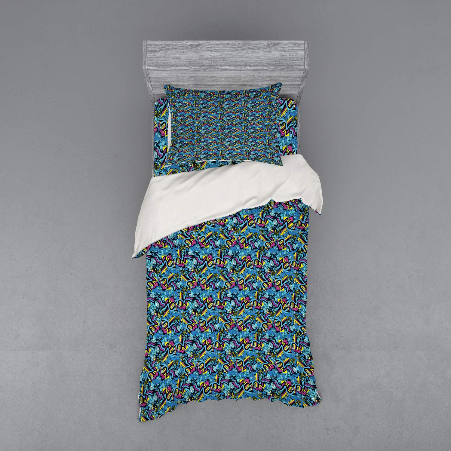 Ambesonne Psychedelic Bedding Set - Graffiti Art Duvet Cover with Lips, Hearts & Arrows - 3 Piece Twin Size Teen Bedroom Decor - Vibrant Multicolor Duvet Cover Set with Pillow Sham & Fitted Sheet - Perfect for Teen Rooms, Dorm Decor & Bohemian Bedroom Style