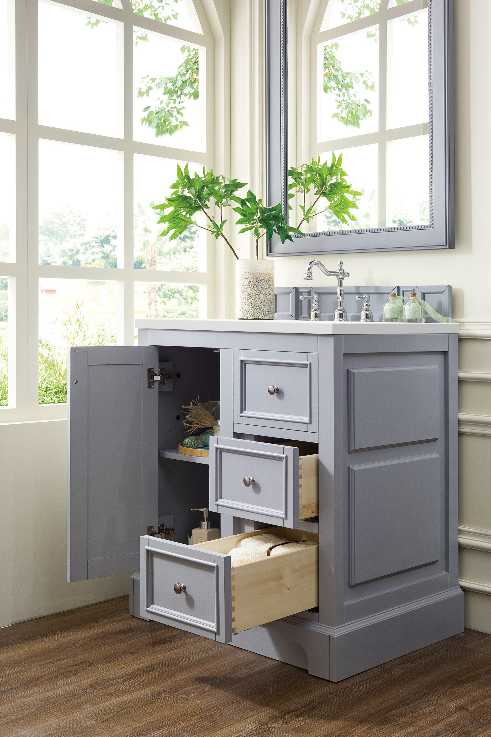 De Soto 30 Inch Single Bathroom Vanity with White Zeus Quartz Top - Silver Gray Finish for Modern Home & Apartment Bathrooms | Perfect for Small Spaces & Renovations