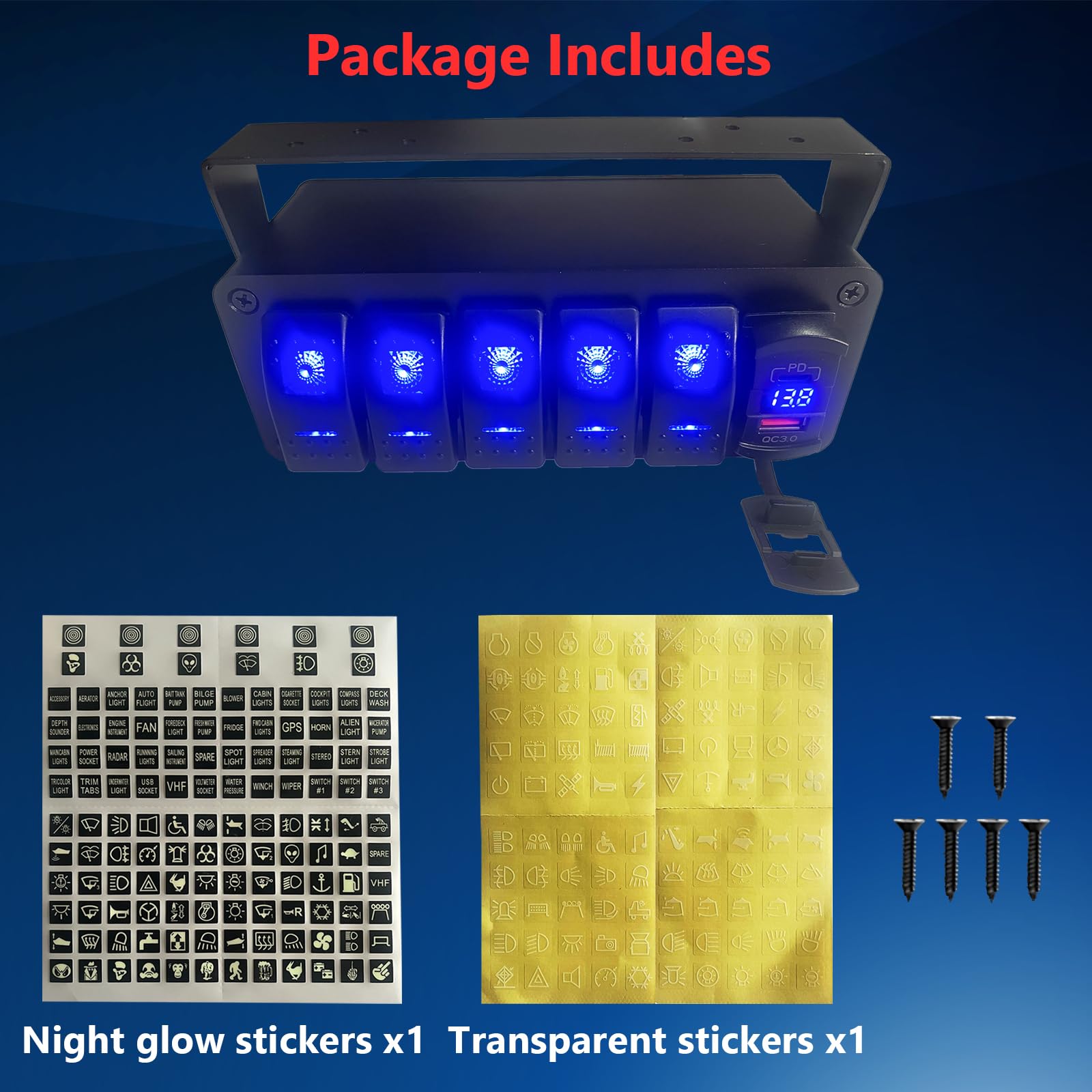 5 Gang Marine Boat Rocker Switch Panel - 12V SPST Aluminum Waterproof Switch Box with PD Type C & QC 3.0 USB Charger, Voltmeter & DIY Stickers - Perfect for RVs, Boats, Trucks & Marine Electrical Systems