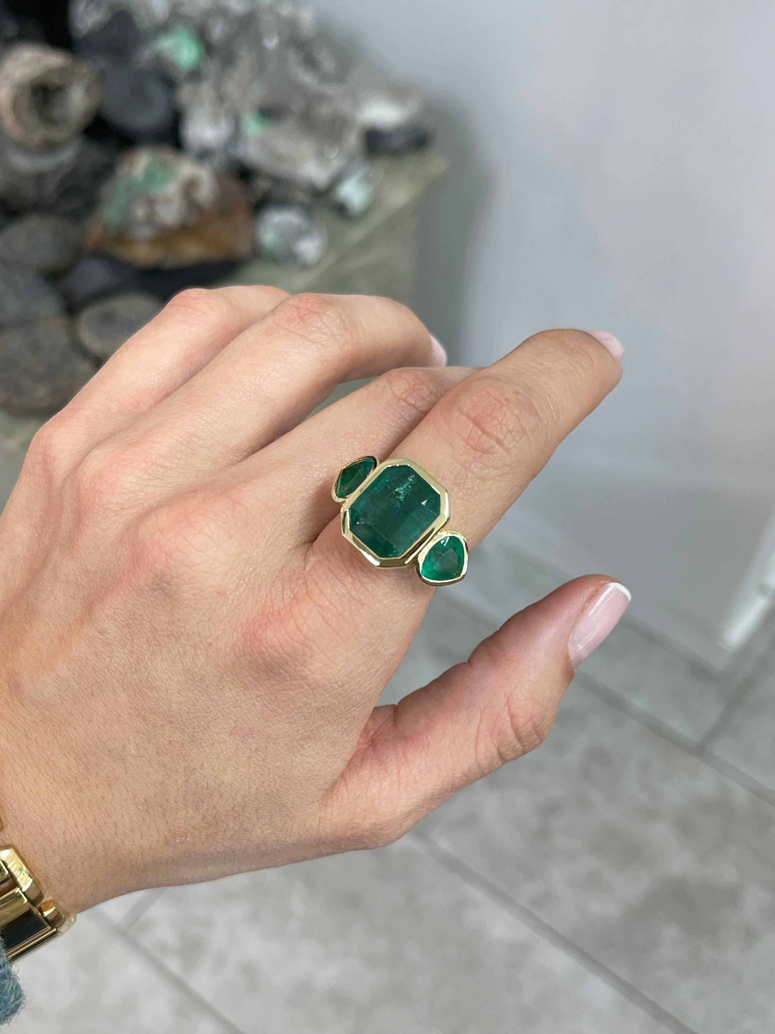 15.44tcw Three Stone Emerald Ring - 11.32 Carat Zambian Emerald with Pear Cut Accents in 18K Gold | Elegant Jewelry for Weddings, Anniversaries & Special Occasions