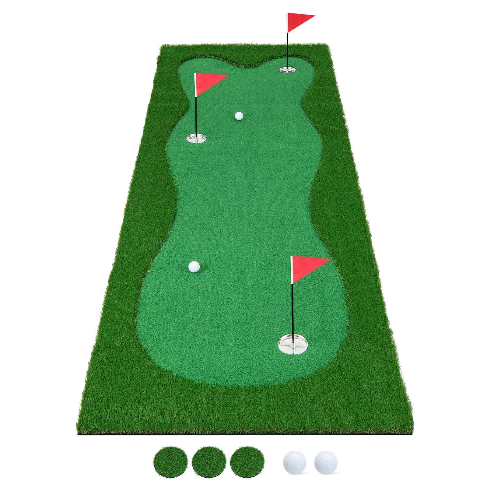 COSTWAY Golf Hitting Mat 300 x 100 cm, Artificial Grass Golf Training Mat with 3 Holes, 3 Flags & Cups, Indoor/Outdoor Putting Green for Home Practice, Backyard & Office Use