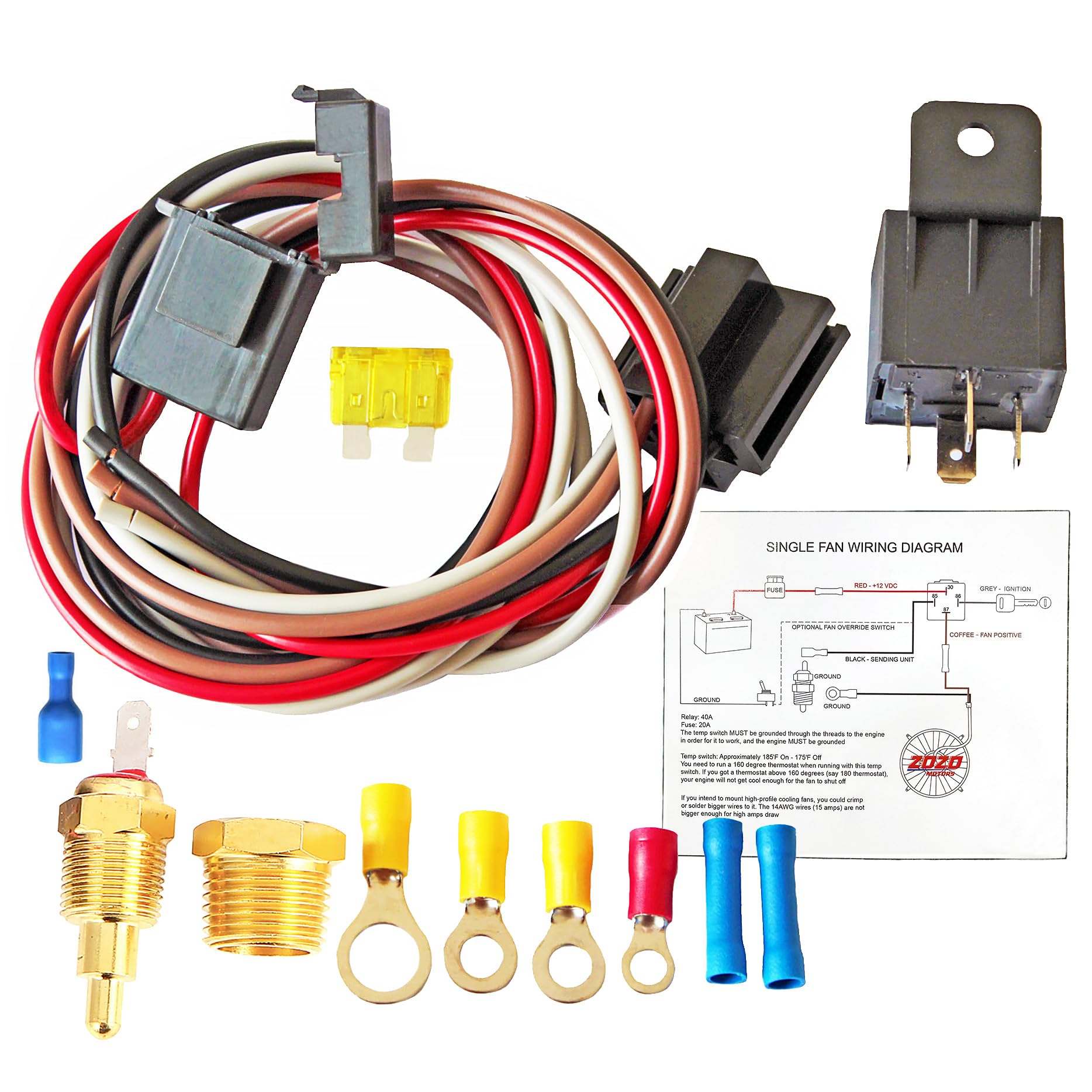 Electric Fan Relay Kit with Thermostat - 40 AMP Waterproof Cooling Fan Wiring Kit (185°F On/175°F Off) - Radiator Fan Temperature Sensor Switch for Car, Truck & SUV Cooling Systems - Perfect for Engine Overheating Protection & Performance Upgrades
