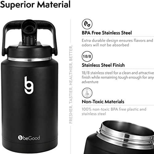**BEGOOD 1 Gallon Insulated Stainless Steel Water Bottle - 128oz Leakproof Thermos Jug, 18/8 Food Grade, Double Wall Vacuum Insulation - Perfect for Camping, Hiking, Gym & Outdoor Adventures (Black)**