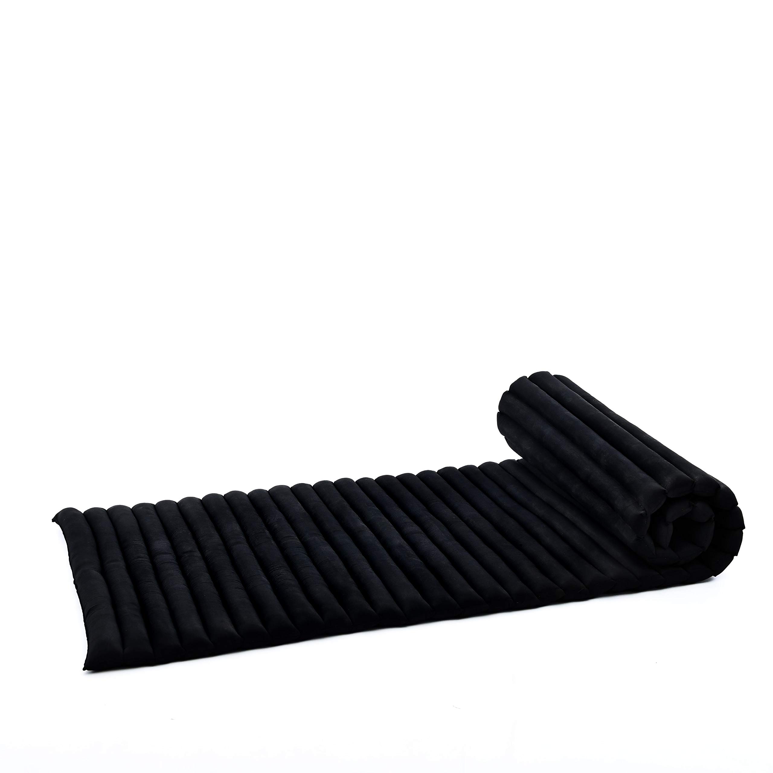 LEEWADEE Rollable Floor Mat - Comfortable Thai Mattress with Soft Massage & Eco-Friendly Kapok Filling, 75 x 28 Inch Black Sleeping Mat for Yoga, Meditation, Camping & Home Relaxation