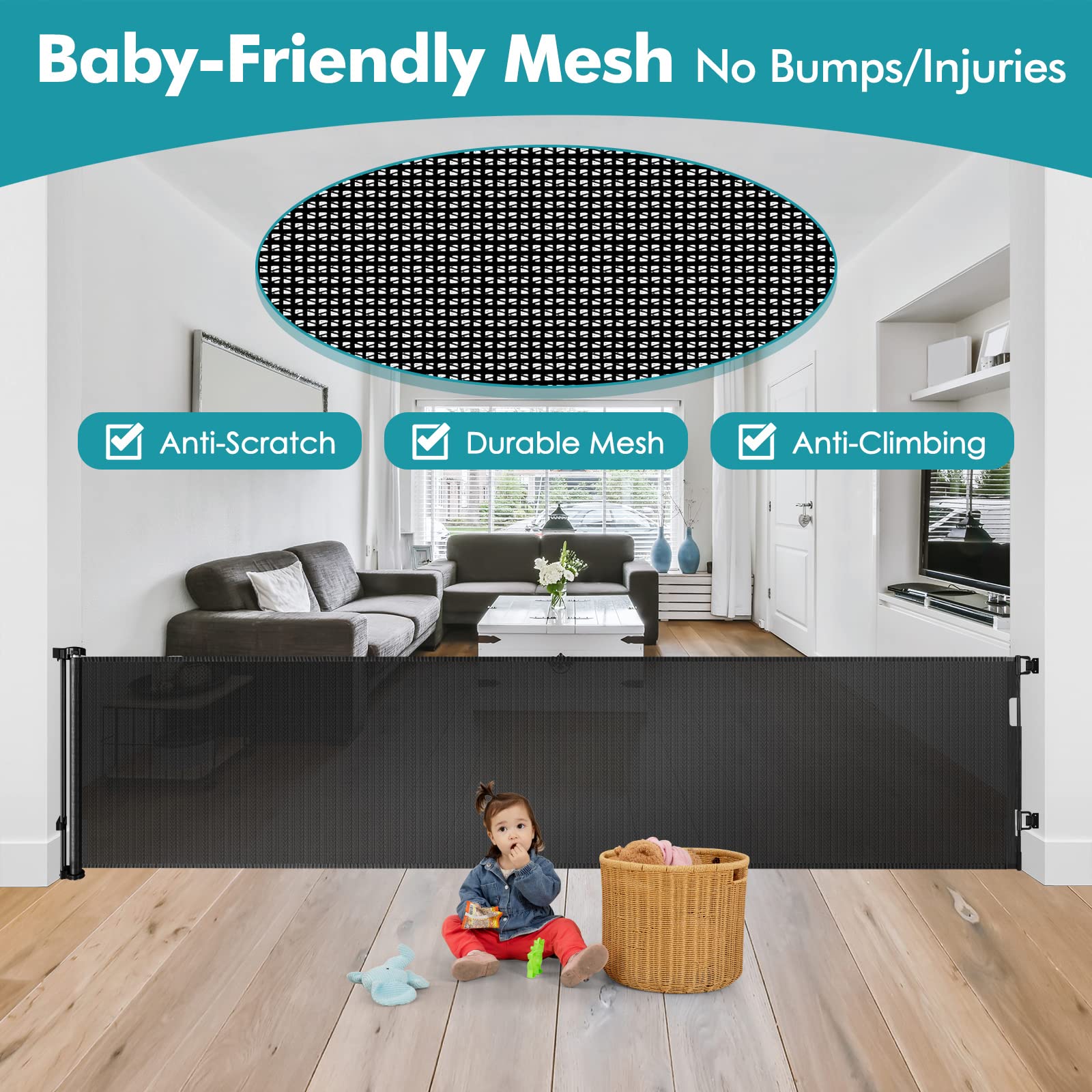 140 Inch Extra Wide Retractable Baby Gate & Dog Gate - Indoor/Outdoor Safety Barrier for Wide Openings, Doorways, Stairs - Black Mesh Pet Fence for Home, Yard, and Travel Use