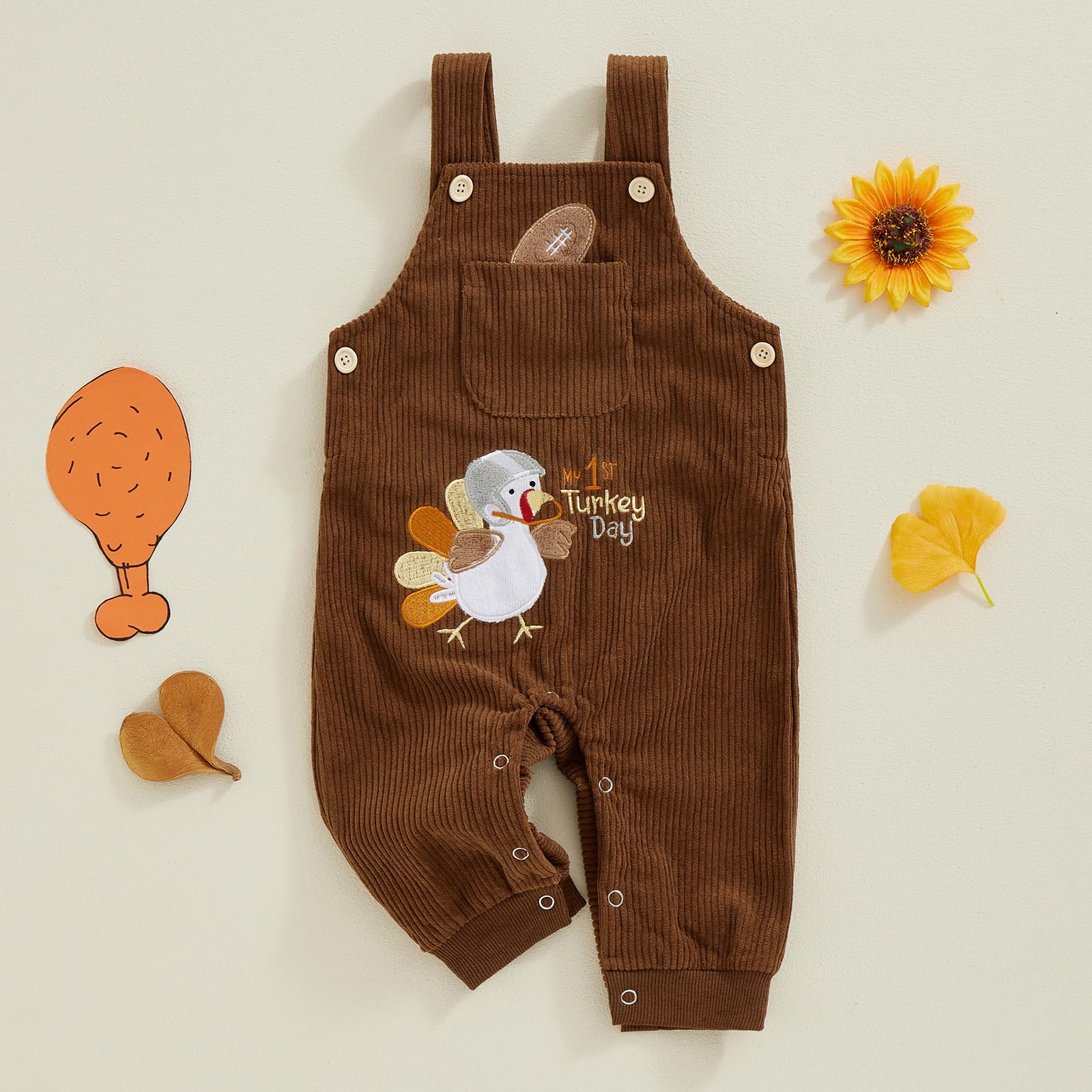 YOKJZJD Newborn Baby Thanksgiving Outfit - Turkey Print Corduroy Bib Overalls Jumpsuit for Boys & Girls | Fall & Holiday Season Baby Clothes for Family Gatherings & Photo Shoots