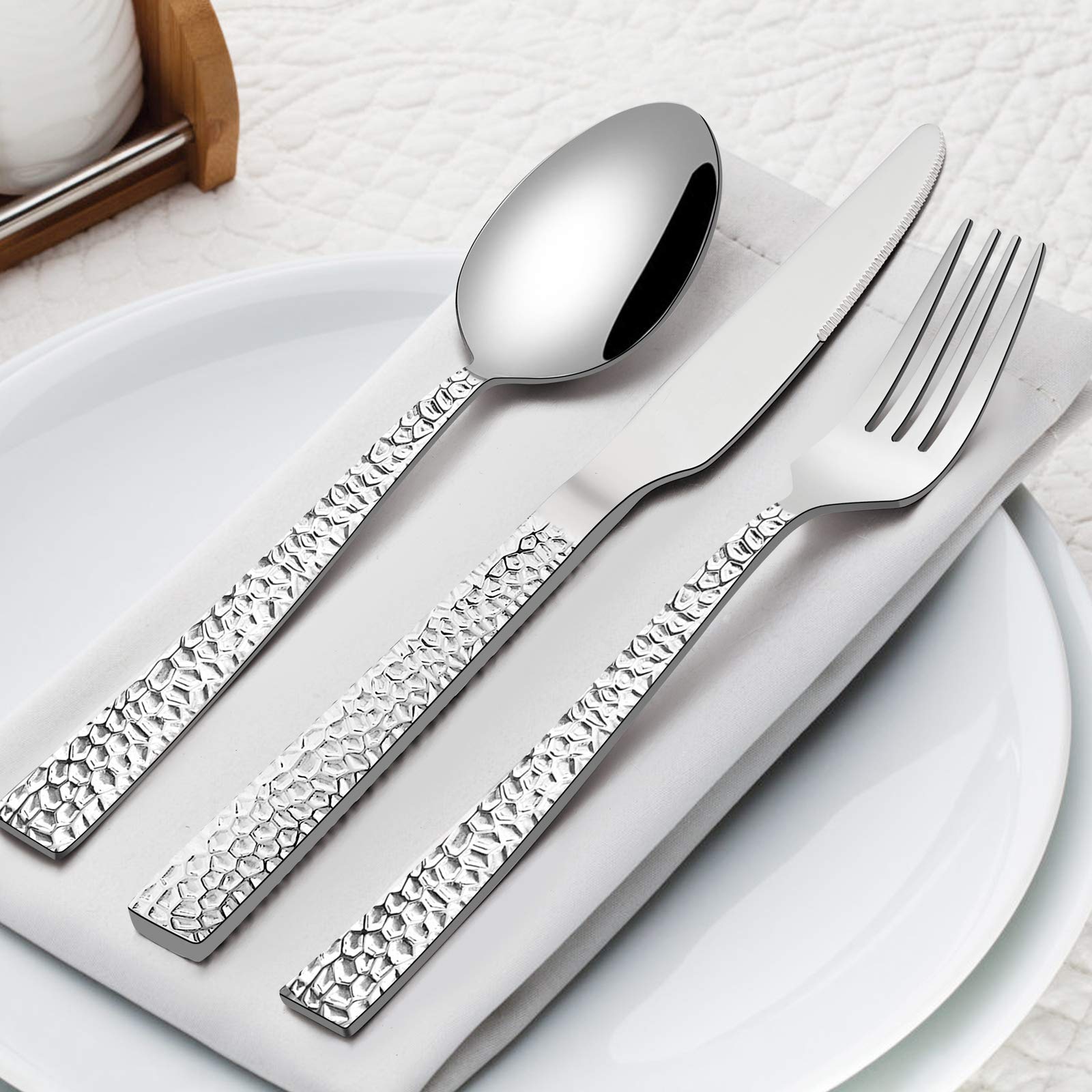 HaWare 60-Piece Hammered Stainless Steel Flatware Set for 12 - Mirror Polished Modern Cutlery for Kitchen, Restaurant & Party | Dishwasher Safe Silverware for Everyday Dining & Special Occasions