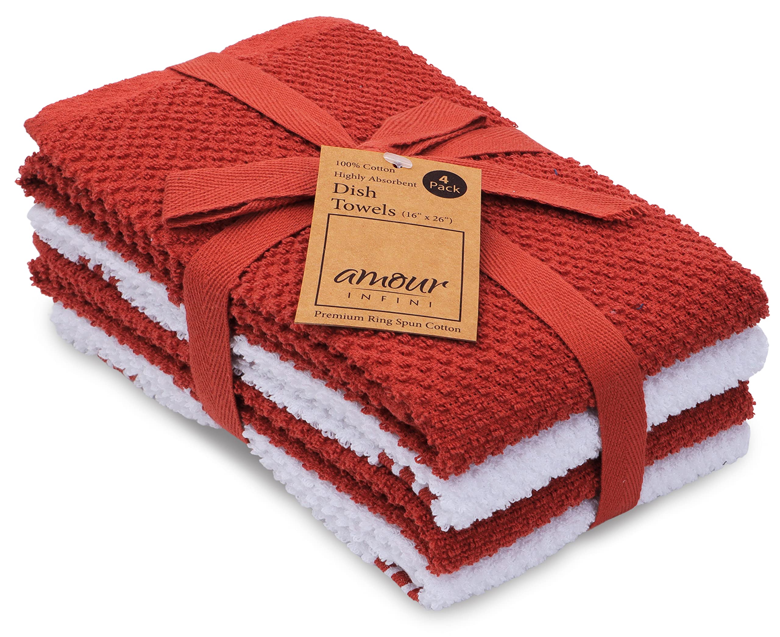 AMOUR INFINI Premium Cotton Kitchen Towels Set of 4 - Super Absorbent & Quick Drying Dish Towels with Hanging Loop (16x28 Inches) - Rust Color - Perfect for Hand Drying, Dish Washing & Tea Time