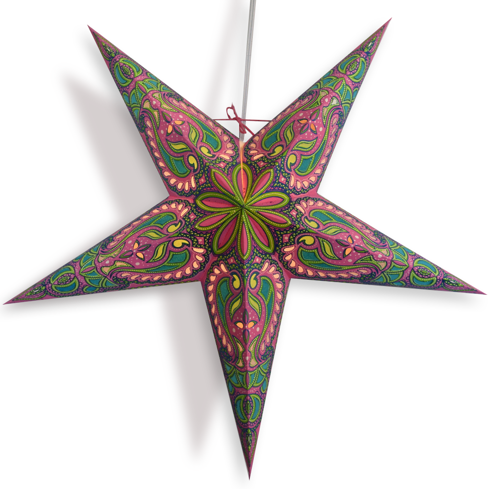 24 Pack Pink & Green Alaskan Glitter Paper Star Lanterns - Hanging Wedding Party Decorations for Indoor & Outdoor Celebrations, Baby Showers, Christmas, and Festive Events