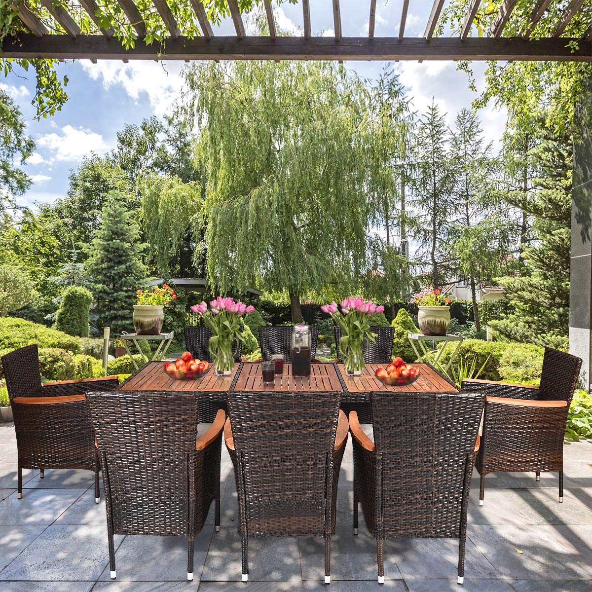 Tangkula 9-Piece Outdoor Dining Set with Acacia Wood Table & Stackable Armchairs - Patio Garden Furniture with Weather-Resistant Wicker & Cushions - Perfect for Backyard BBQs, Poolside Dining & Outdoor Entertaining