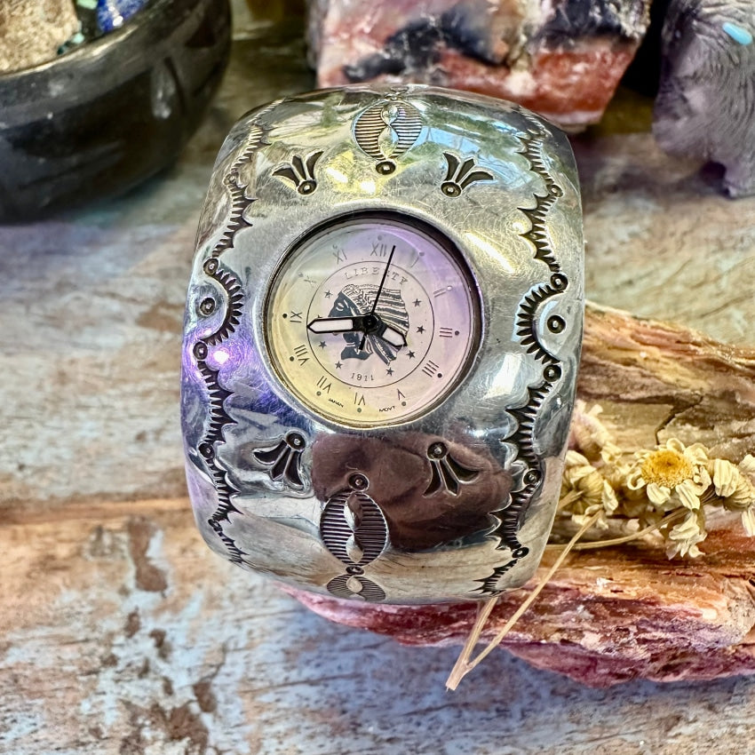 Authentic Sterling Silver Navajo Cuff Watch by Les Baker - Handcrafted Native American Jewelry for Women & Men | Perfect for Western Fashion, Boho Style & Special Occasions