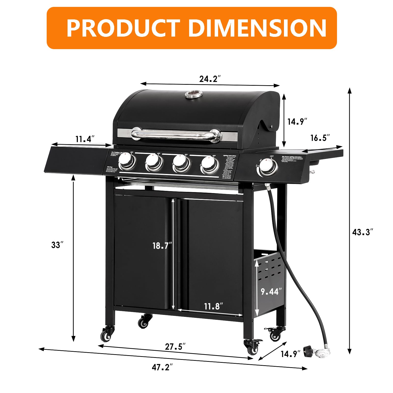 4-Burner Propane Gas BBQ Grill - High-Strength Cast Iron with Side Burner, 50,000 BTU Portable Outdoor Grill with 4 Wheels & 449 SQ.IN Cooking Area - Perfect for Backyard Barbecues, Camping Trips, Tailgating Parties and Family Gatherings