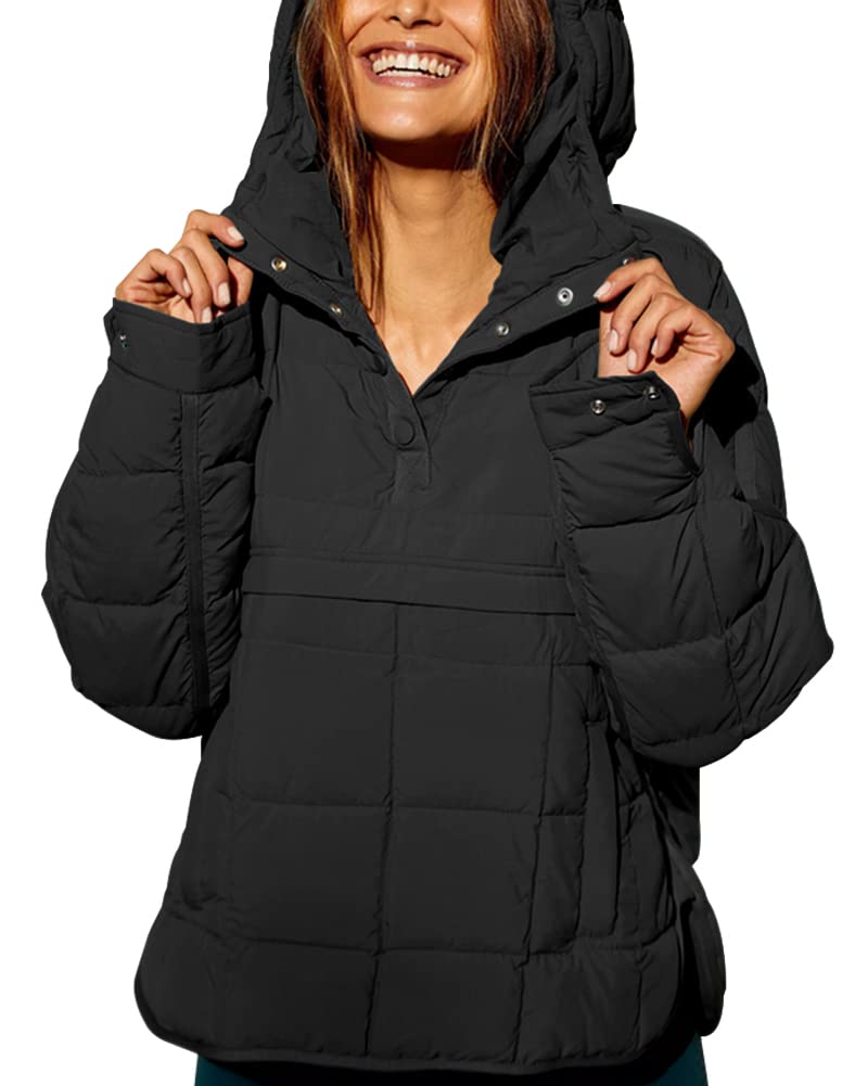 Fazortev Women's Oversized Puffer Jacket - Quilted Hooded Pullover Coat with Long Sleeves, Lightweight Warm Winter Outerwear for Casual Outings & Street Style Fashion