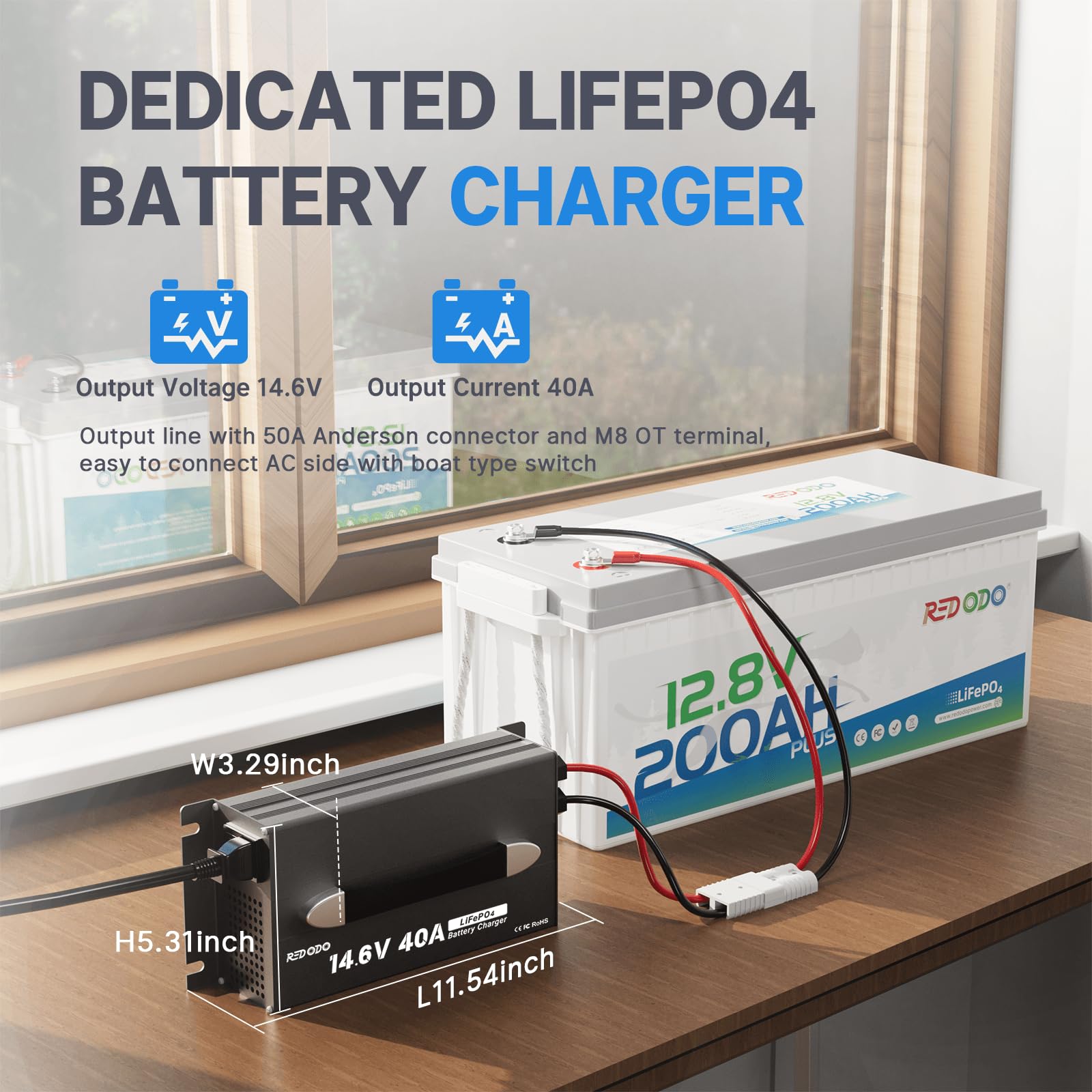 Redodo 14.6V 40A LiFePO4 Battery Charger - High Power Lithium Battery Charger with Upgraded Handle & Full Protection | Compact & Durable Design for 12V LiFePO4 Batteries | Ideal for RVs, Solar Systems, Marine Applications & Off-Grid Power Solutions
