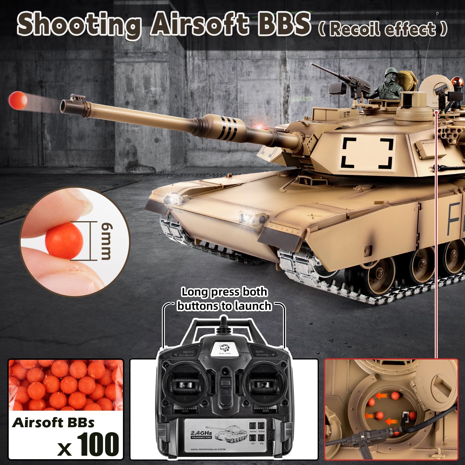 1/16 Scale RC Tank - US M1A2 Abrams Remote Control Military Toy with Smoke, Sound & LED Lights | Upgraded Metal Tracks, Steel Gearbox & Rechargeable Batteries | Realistic Battle Simulation for Adults & Kids | Outdoor Play & Collectible Display