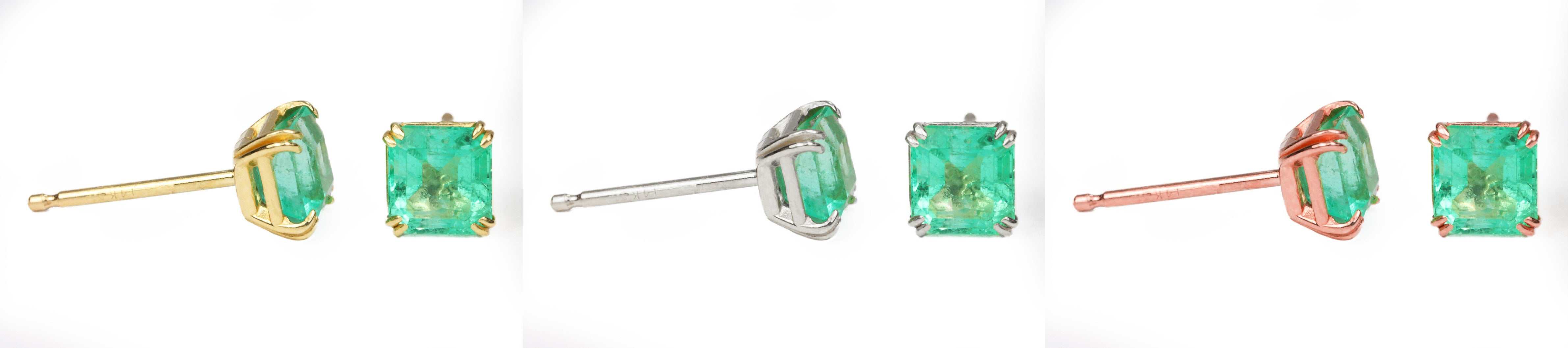 1.0tcw Double Claw Prong Square Cut Emerald Stud Earrings in 14K Gold - Perfect for Weddings, Parties & Everyday Elegance