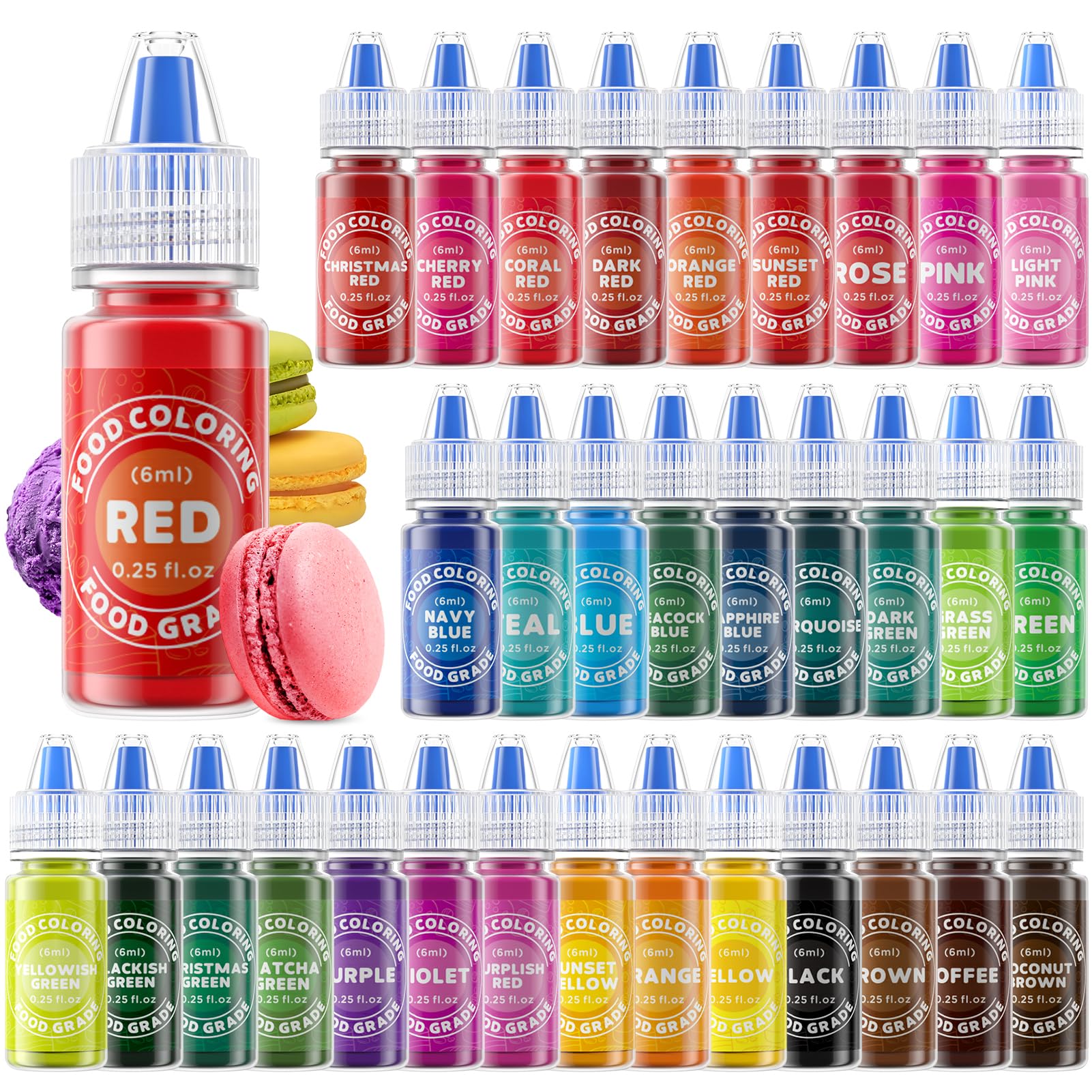 33 Colors Food Grade Liquid Food Coloring Set - Vibrant Baking Dye for Cakes, Cookies, Icing, Easter Eggs & DIY Decorations (0.25 Fl Oz, Pack of 33) - Perfect for Home Baking, Party Treats & Holiday Crafts