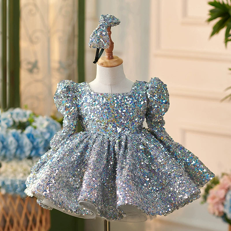 Elegant Dusty Blue Princess Square Neckline Sequined Flower Girl Dress for Weddings, Pageants & Special Occasions