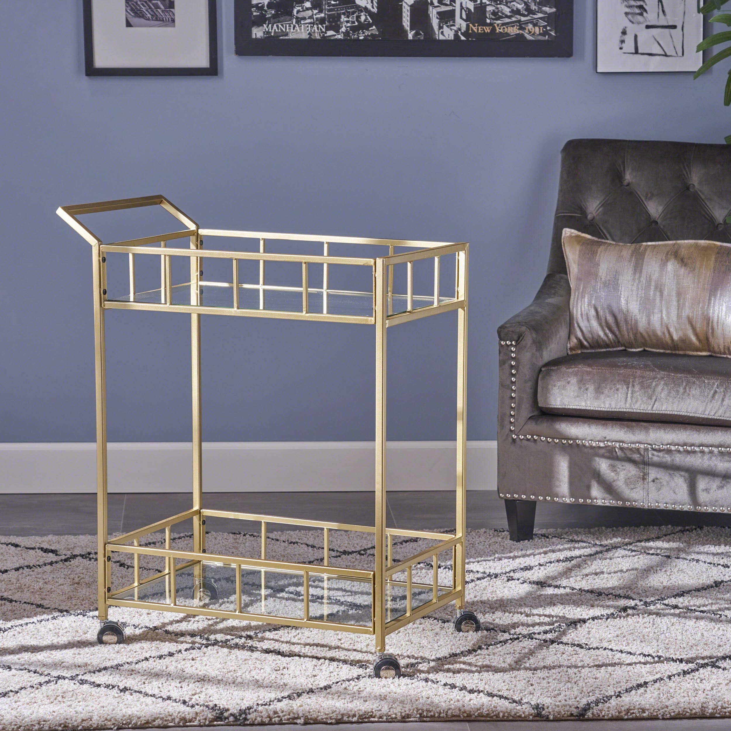 Christopher Knight Home Louise Indoor Industrial Modern Iron and Glass Bar Cart in Gold - Perfect for Home Bars, Living Room Decor & Cocktail Serving