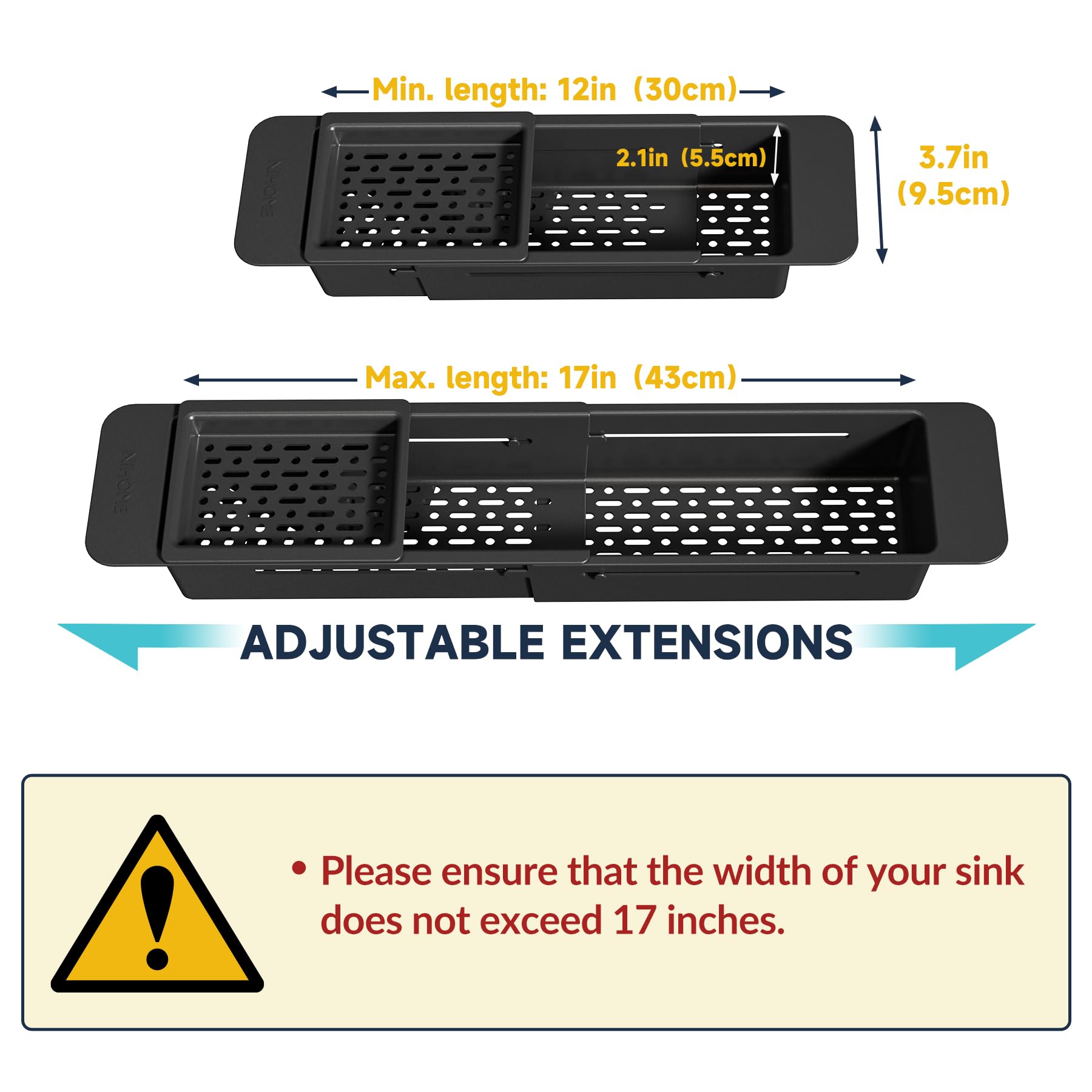 NiHome Extendable Over Sink Kitchen Organizer - Adjustable Sponge & Brush Holder with Non-Slip Pads, Telescopic Sink Caddy for Sponges, Dish Brushes - Durable ABS Material with Drainage Holes (Black) - Perfect for Small Kitchen Spaces, Apartment Sinks & Clutter-Free Countertops