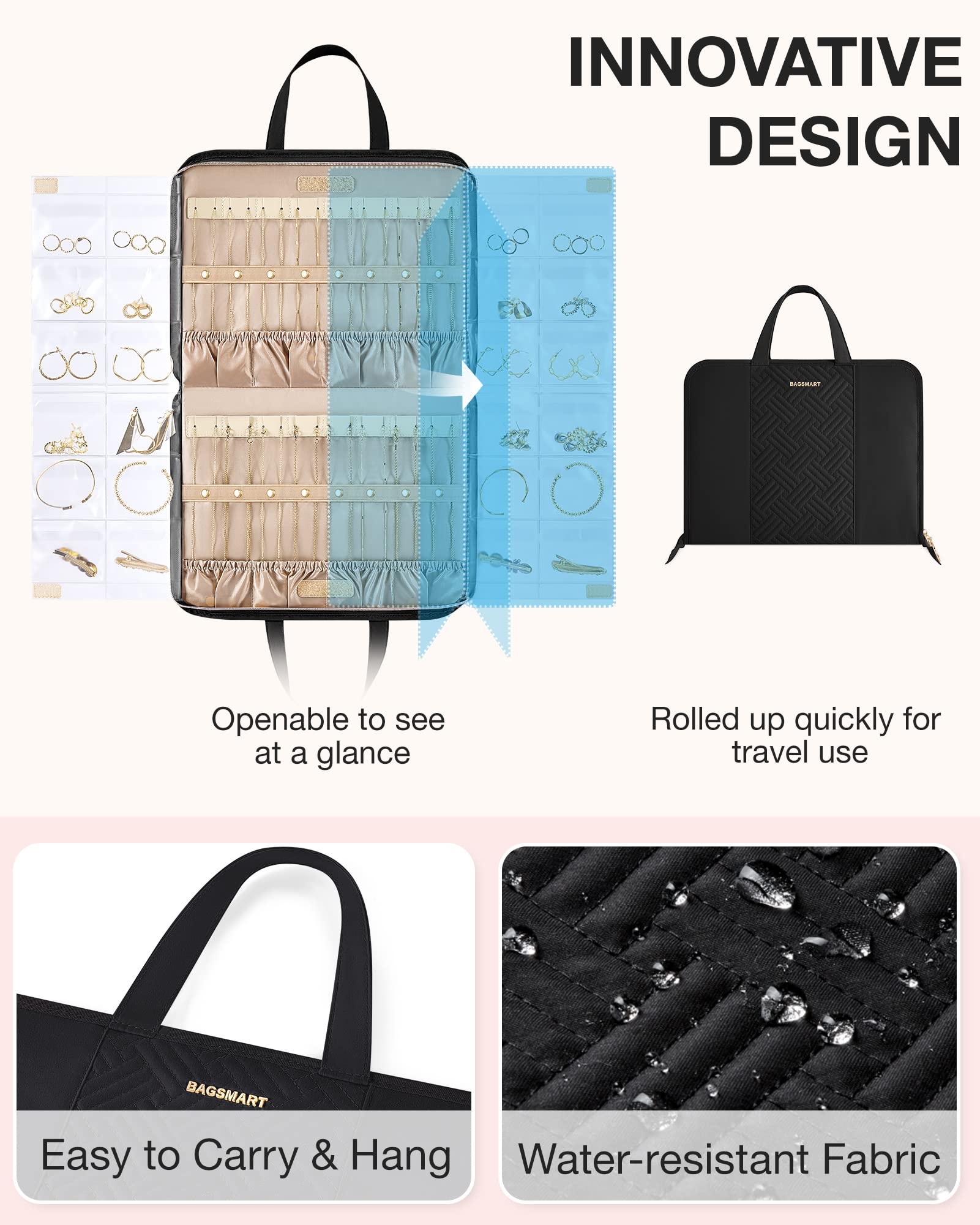 BAGSMART Travel Jewelry Organizer Case - Large Black Tangle-Free Jewelry Roll Bag with Foldable Transparent Pockets for Earrings, Rings, Bracelets | Perfect for Travel, Vacation & Daily Storage Organization