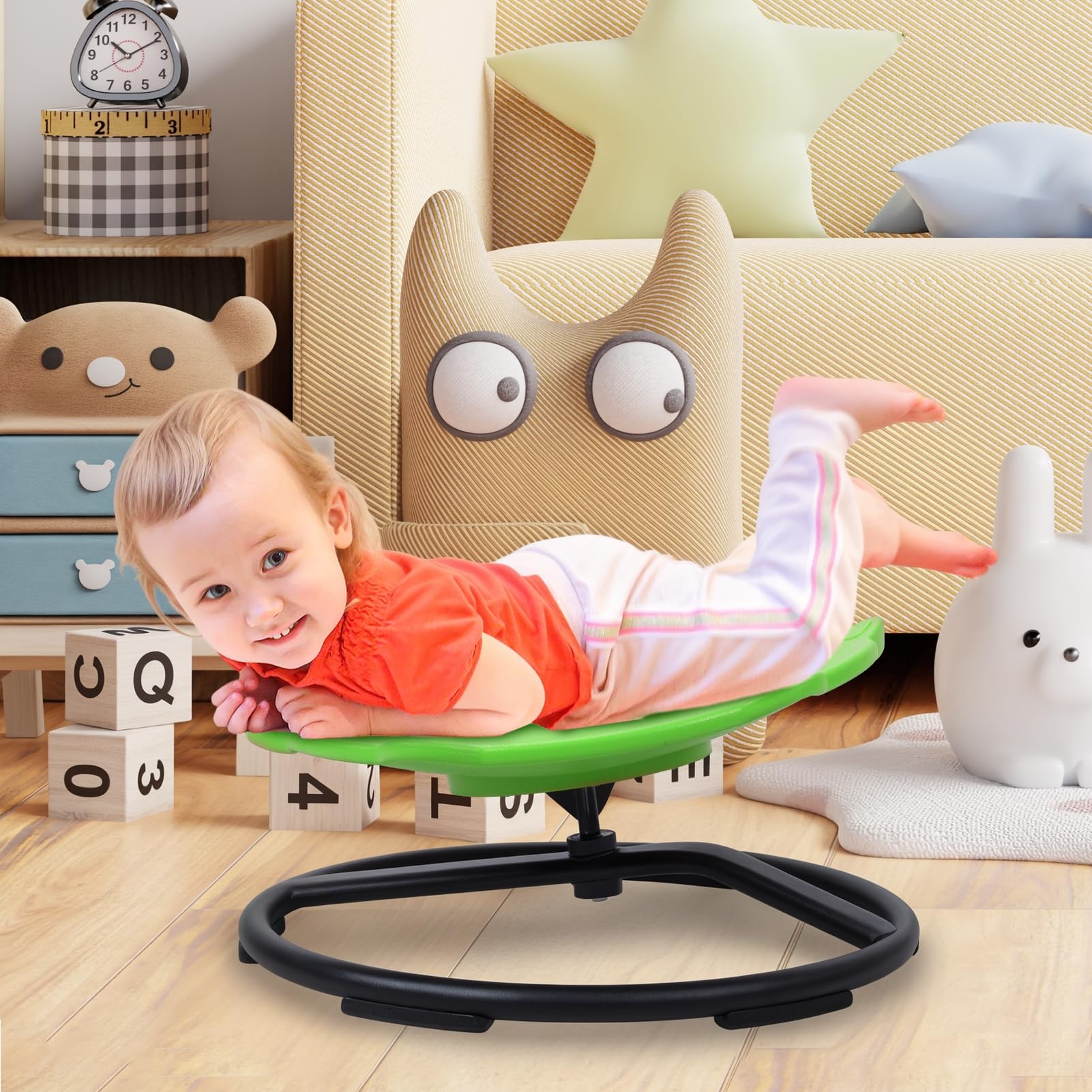 Dinosaur Swivel Chair for Kids - Spinning Sensory Toy for Autistic Children & Toddlers - Wobble Disk Chair Improves Body Coordination & Balance - Green Cartoon Design - Perfect for Classroom, Playroom & Sensory Therapy