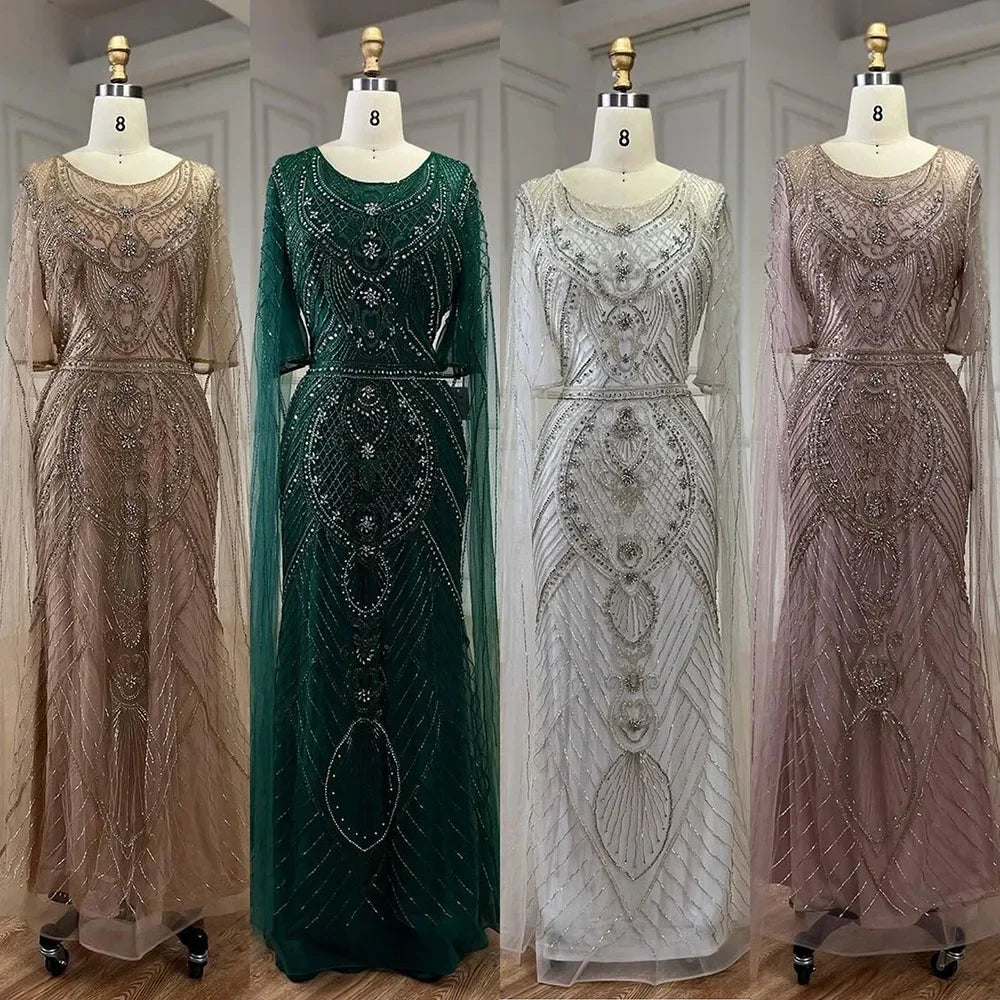 Elegant Dubai Arabic Green Mermaid Evening Dress with Beaded Cape Sleeves - Women's Luxury Party Gown for Special Occasions, Weddings & Red Carpet Events LA72562