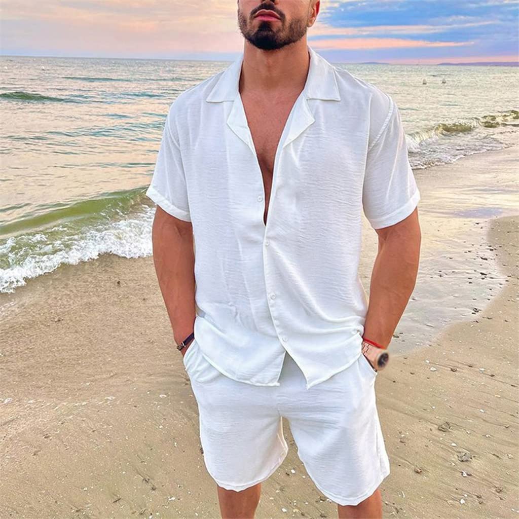 WJCCY Men's Summer Casual Button-Up Short Sleeve T-Shirt & Solid Color Beach Shorts 2-Piece Set - White, Size L | Perfect for Vacation, Pool Parties & Outdoor Activities