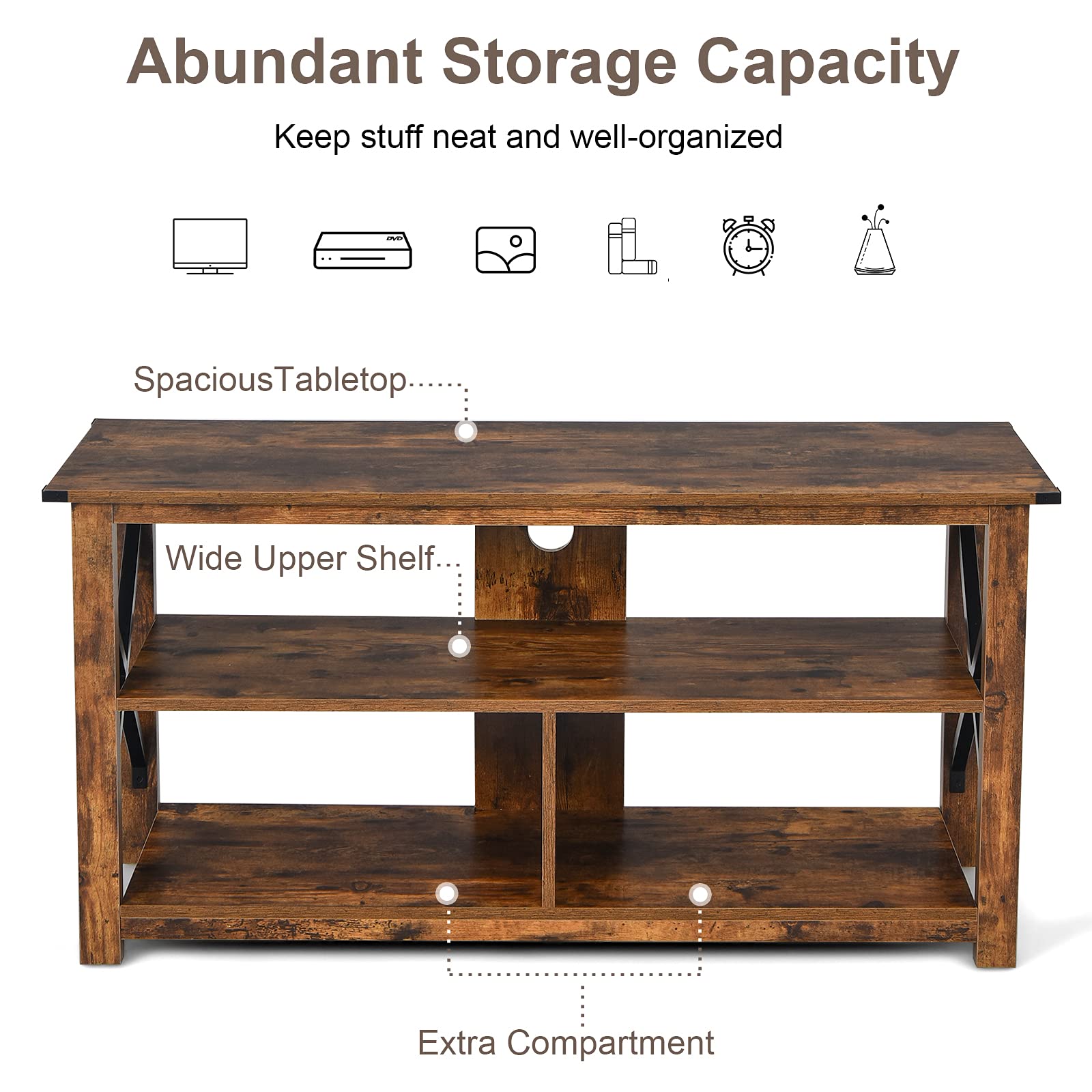 Tangkula 3-Tier Wooden TV Stand with Open Shelves & X-Shaped Frame - Farmhouse Style Entertainment Center for 55-Inch TVs - Sturdy TV Console Table for Living Room, Bedroom & Home Theater (Brown)