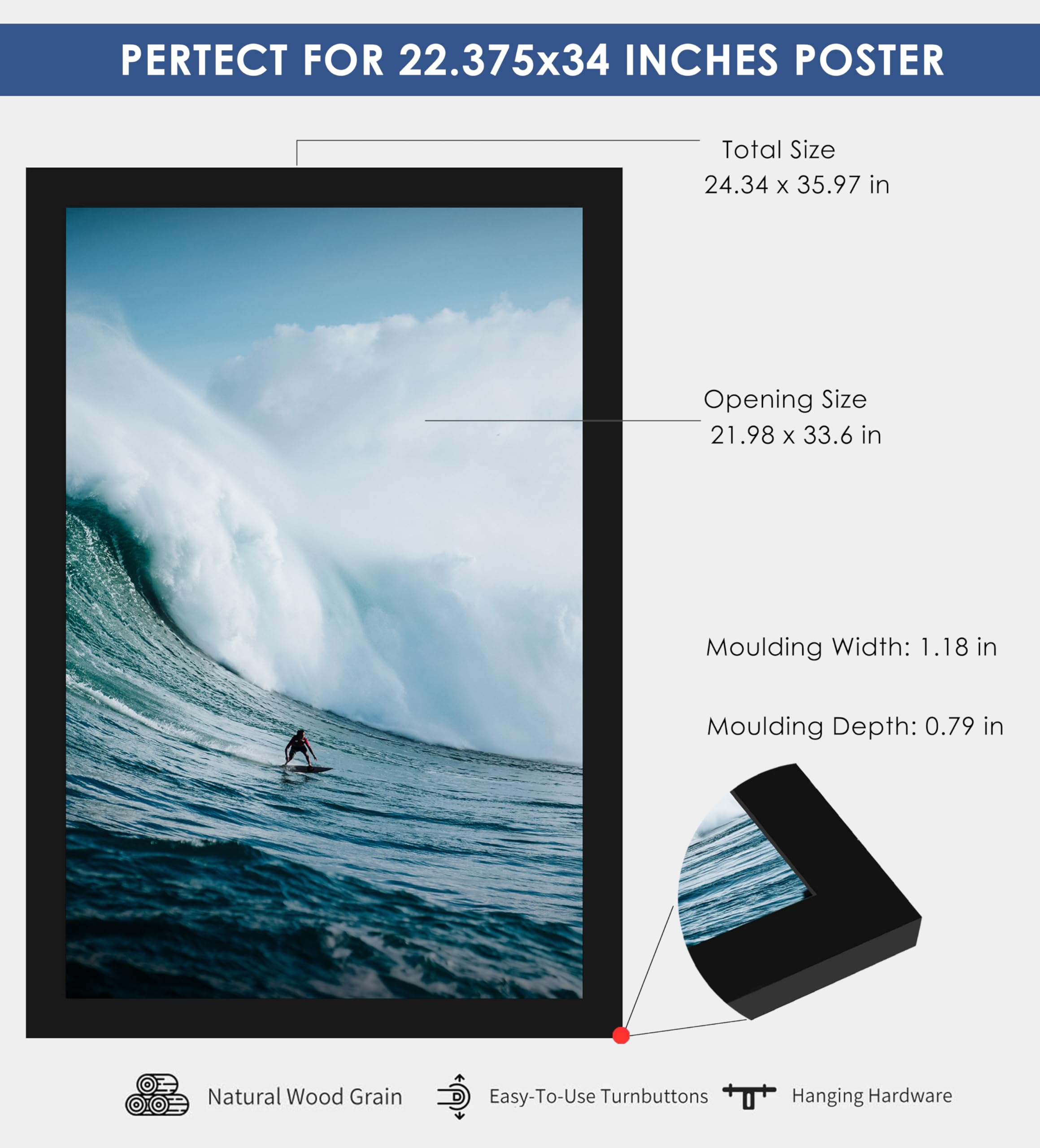 PEALSN 22.375 x 34 Inch Black Poster Frame - Wall Mount Picture Frame for Horizontal or Vertical Display - 1 Pack - Perfect for Home Decor, Office Artwork, and Photo Displays
