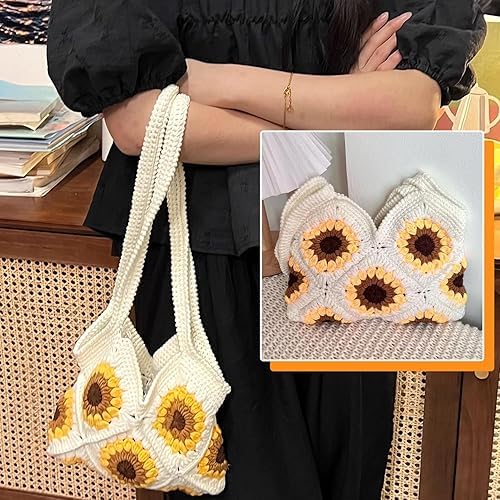 Sunflower Crochet Crossbody Bag for Women - Handmade Woven Tote Beach Purse, Large Knit Shoulder Bag for Vacation, Travel, Shopping & Summer Outfits (White-2)
