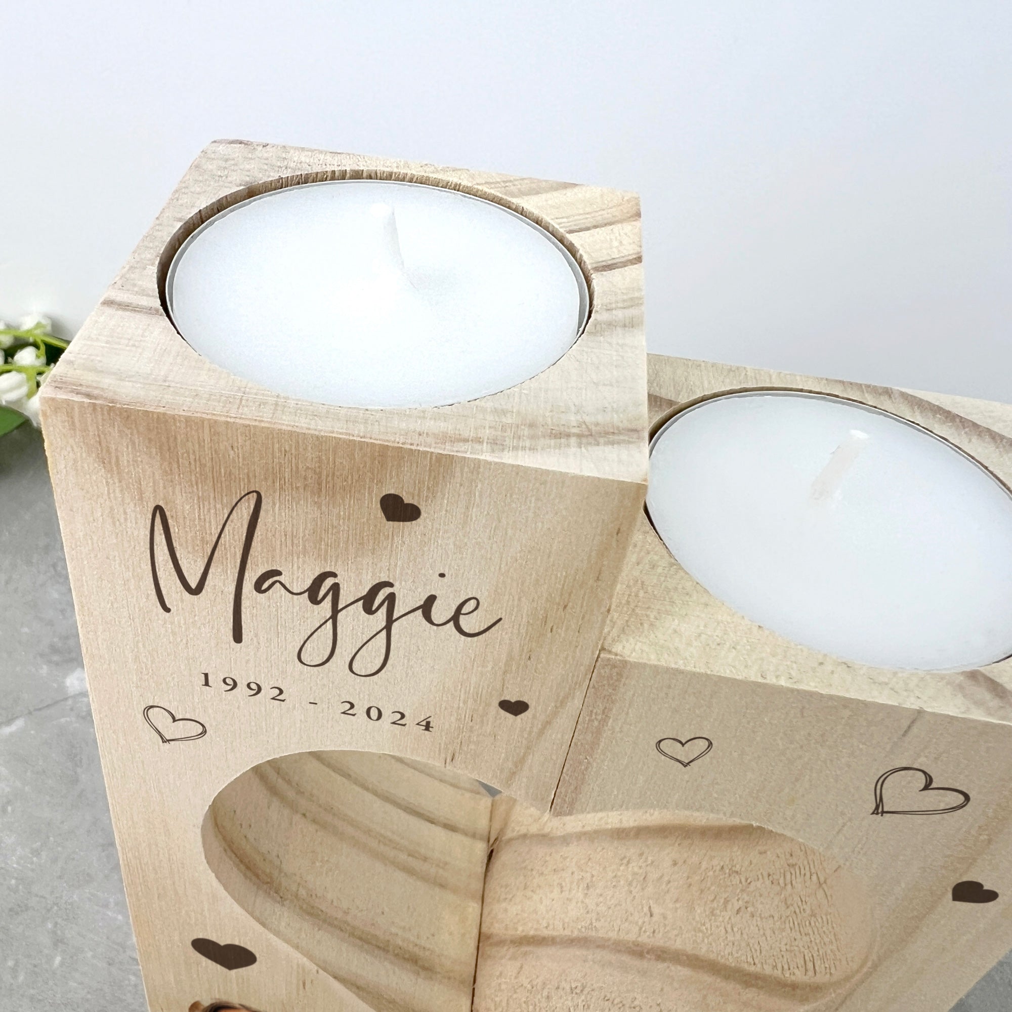 Personalized Solid Wood Photo Memorial Heart Tea Light Holders - Engraved Keepsake for Loved Ones, Perfect for Memorials, Weddings & Home Decor