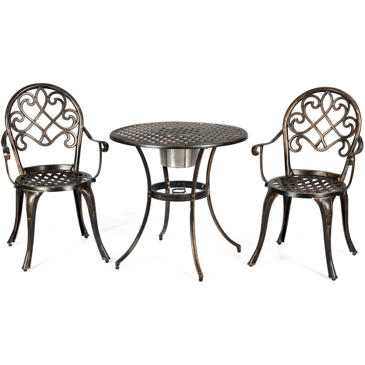 Giantex 3-Piece Outdoor Bistro Set - Cast Aluminum Round Patio Table with Removable Ice Bucket & 2 Chairs - Antique Bronze Weather-Resistant Garden Furniture for Backyard, Poolside & Balcony Relaxation
