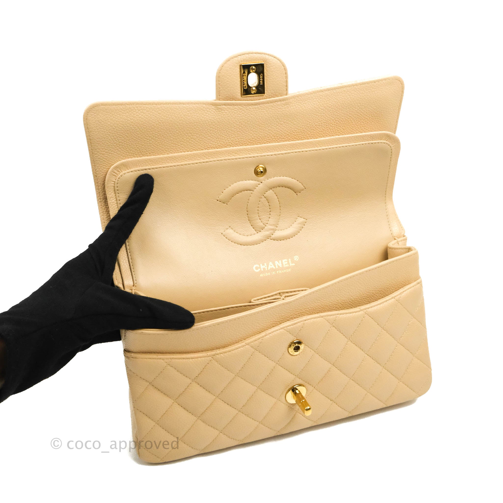 Chanel Classic M/L Medium Flap Bag - Quilted Beige Caviar Leather with Gold Hardware | Luxury Shoulder Bag for Women, Perfect for Work, Parties & Special Occasions
