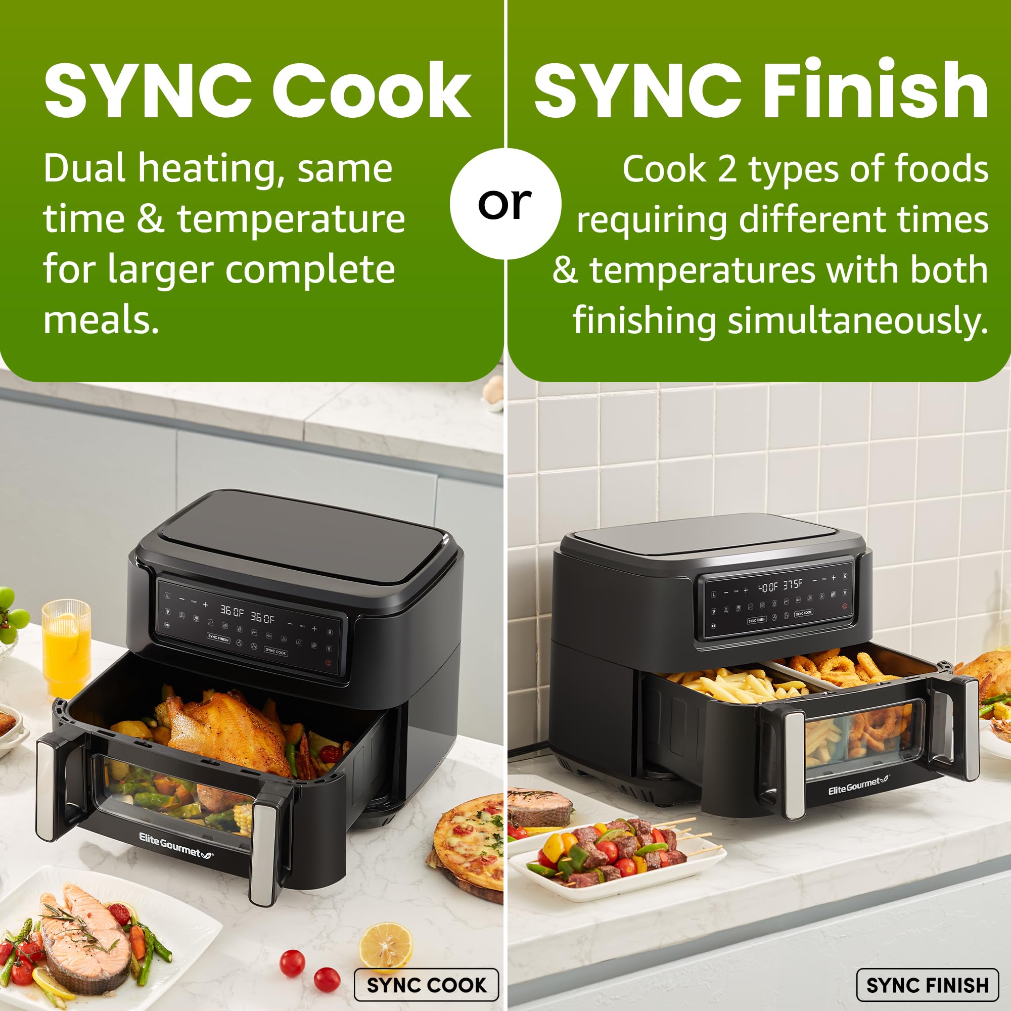 Elite Gourmet EAF1055D 11QT Dual Zone Air Fryer Oven - 2 Independent Cook Zones, Dishwasher Safe Basket, 10 Preset Functions, 1600W - Perfect for Family Meals, Healthy Cooking & Quick Snacks - Includes Recipe Booklet (Black)
