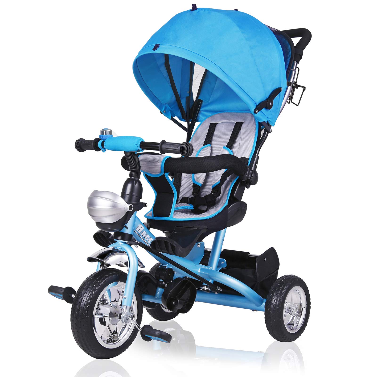 Spielwerk® Blue Kids Tricycle with Safety Belt, Push Rod, Adjustable Footrest, Canopy & Removable Basket - Toddler Trike Bike Stroller for Boys & Girls | Outdoor Play, Park Rides, Backyard Fun