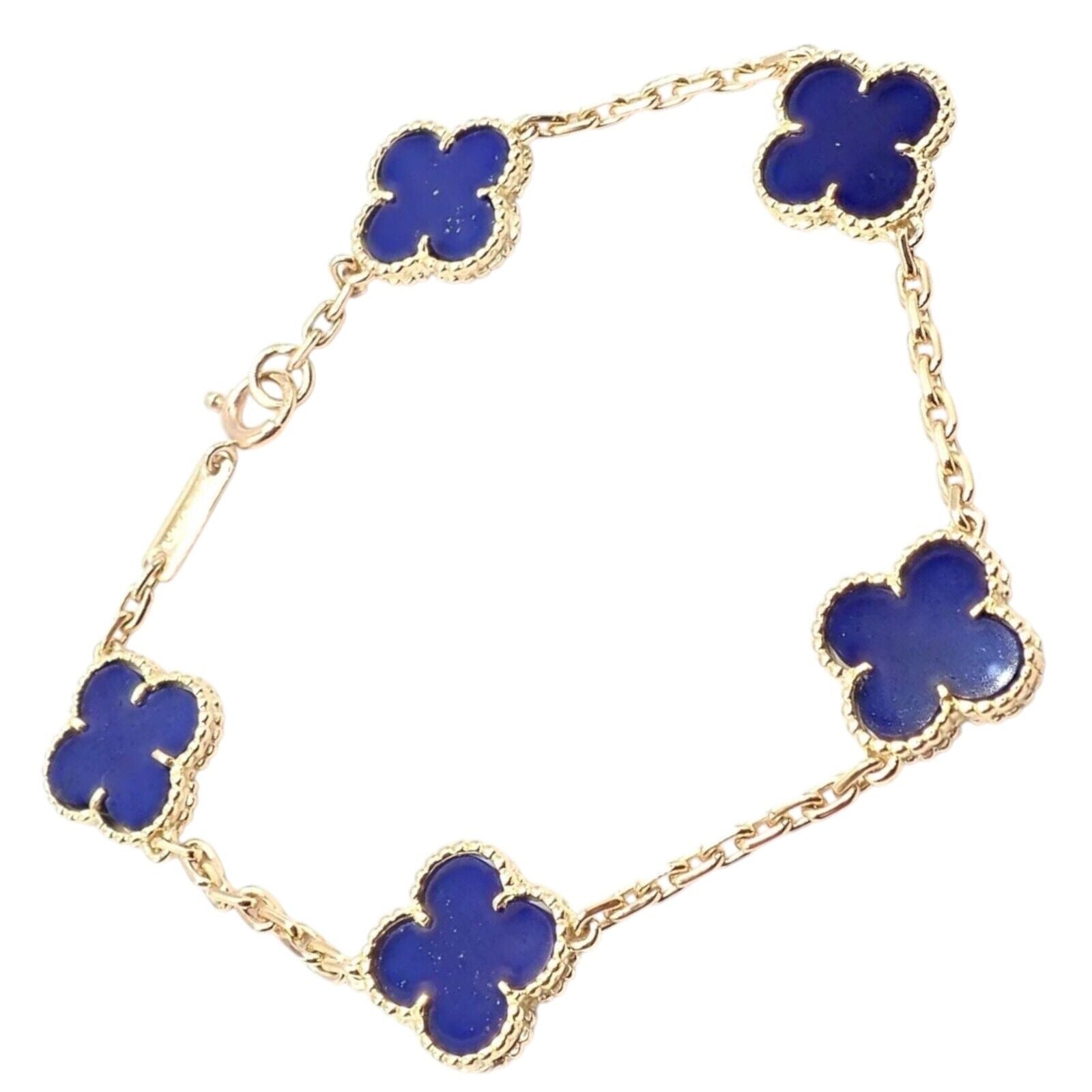 Authentic Van Cleef & Arpels 18k Gold 5 Motif Alhambra Lapis Lazuli Bracelet - Luxury Jewelry Gift for Women, Perfect for Weddings & Special Occasions