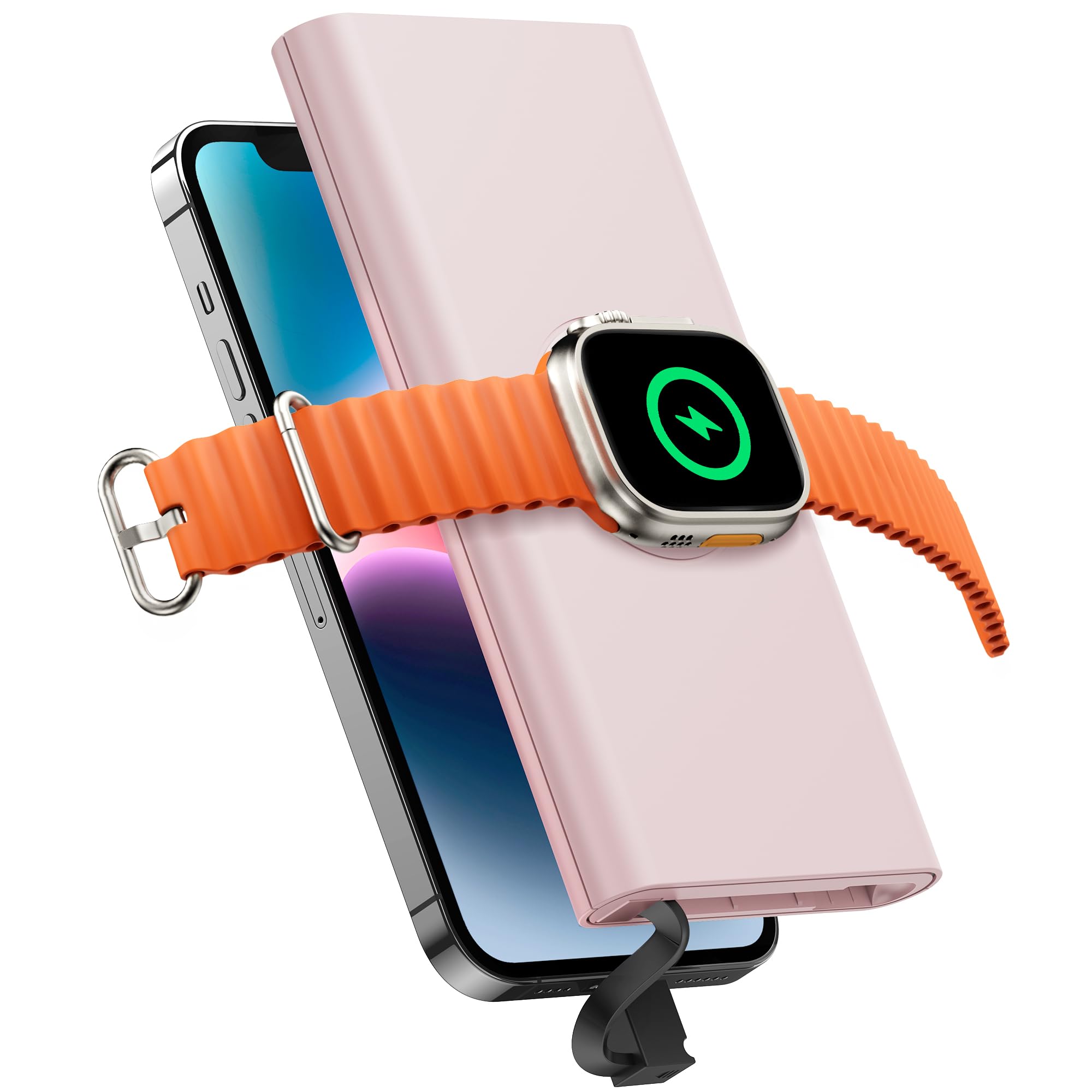 10000mAh Portable Charger with Built-in Cables - 3-in-1 Fast Charging Power Bank for iPhone 14/13/12/Pro/Max/Plus & Apple Watch | USB-C Backup Battery Pack | Pink | Perfect for Travel, Camping & Emergency Power