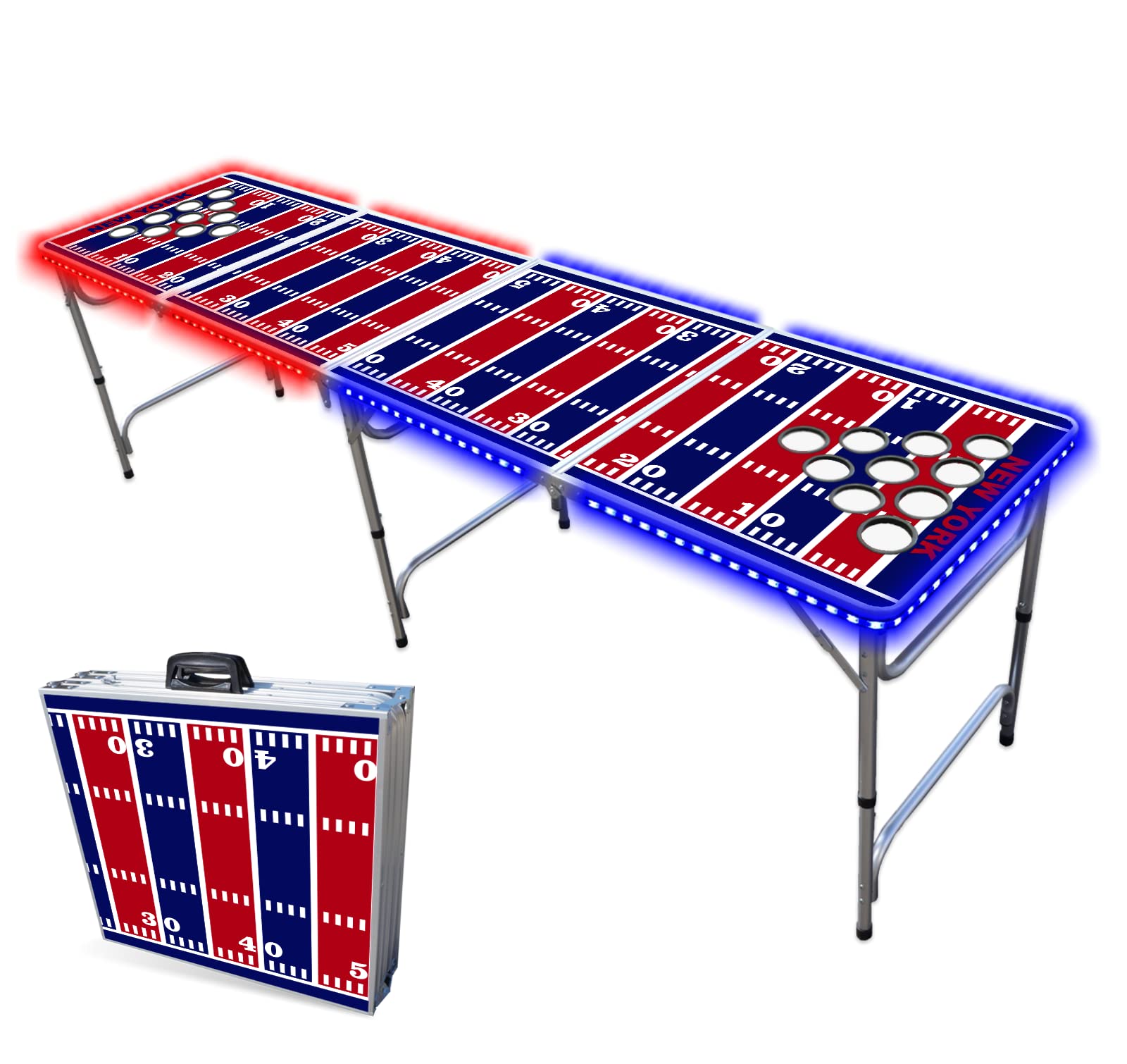 8-Foot Folding Portable Beer Pong Table with Optional Cup Holders & LED Lights - New York Giants Football Field Design - Perfect for Parties, Tailgating & Outdoor Games (Choose Your Model)
