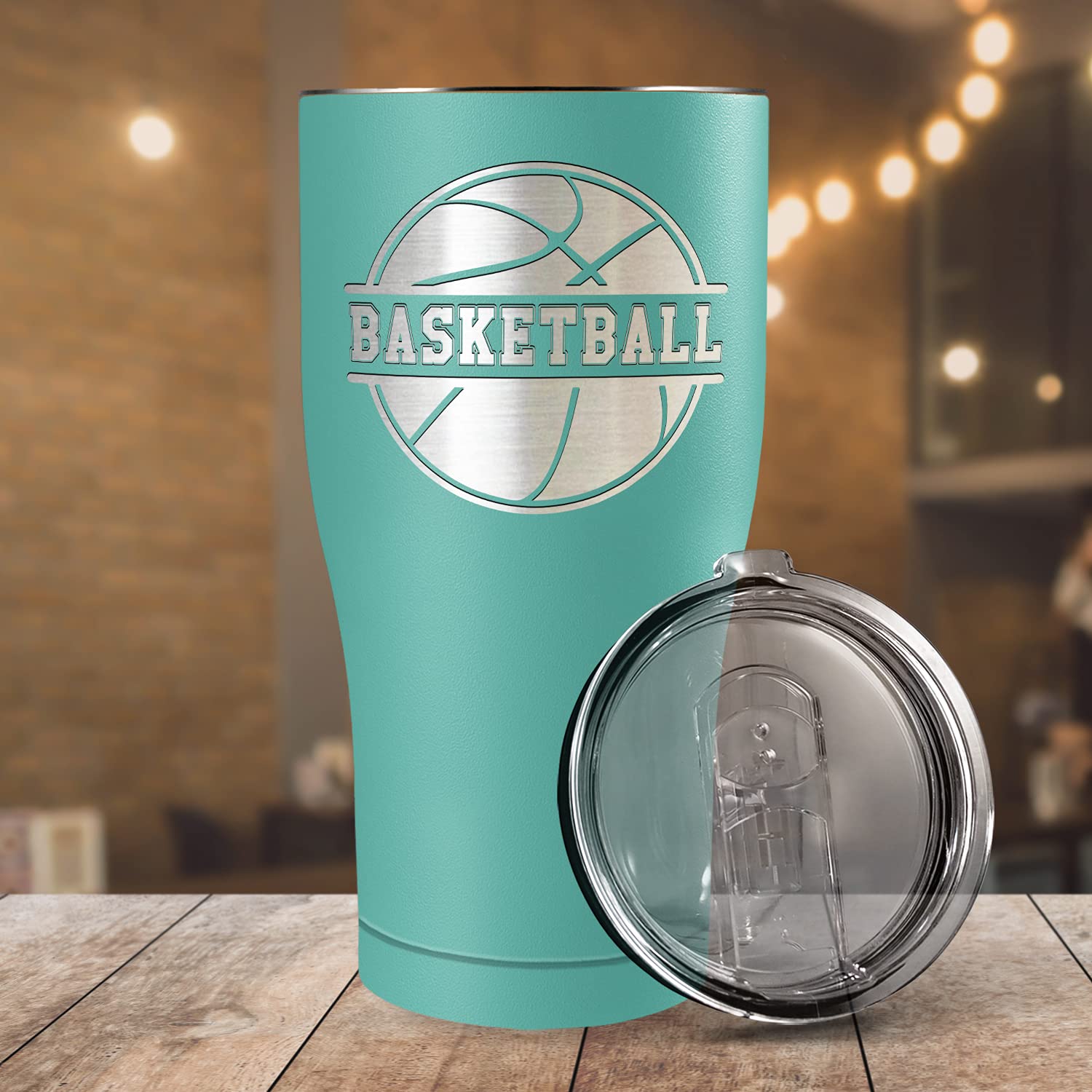 Laser Engraved Basketball Design 27oz Stainless Steel Tumbler with Lid - Insulated Seafoam Green Cup for Hot & Cold Drinks - Perfect Basketball Gift for Players & Fans