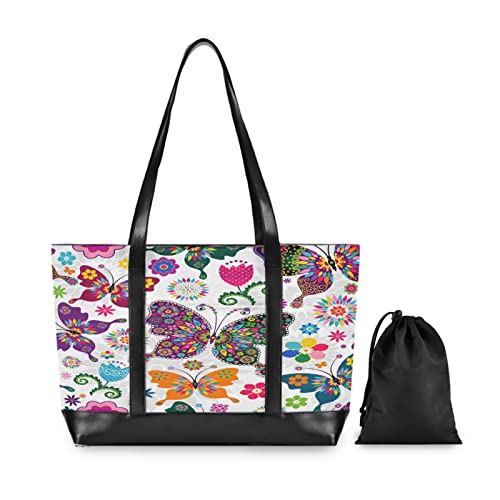 Colorful Butterfly & Floral Mandala Laptop Tote Bag for Women - 15.6 Inch Lightweight Canvas Shoulder Bag, Computer Briefcase & Messenger Purse for Work, Office, Beach, Travel & Daily Commute