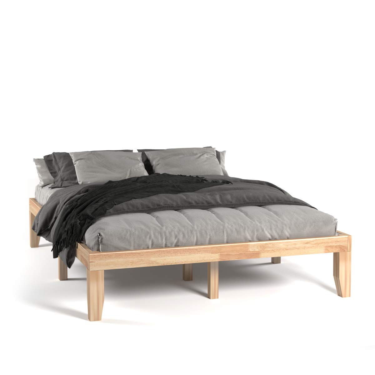 KOMFOTT 14 Inch Solid Wood Platform Bed Frame Queen Size - Sturdy Rubber Wood & Poplar Slat Support - No Box Spring Needed - Natural Finish - Perfect for Modern Bedrooms & Guest Rooms