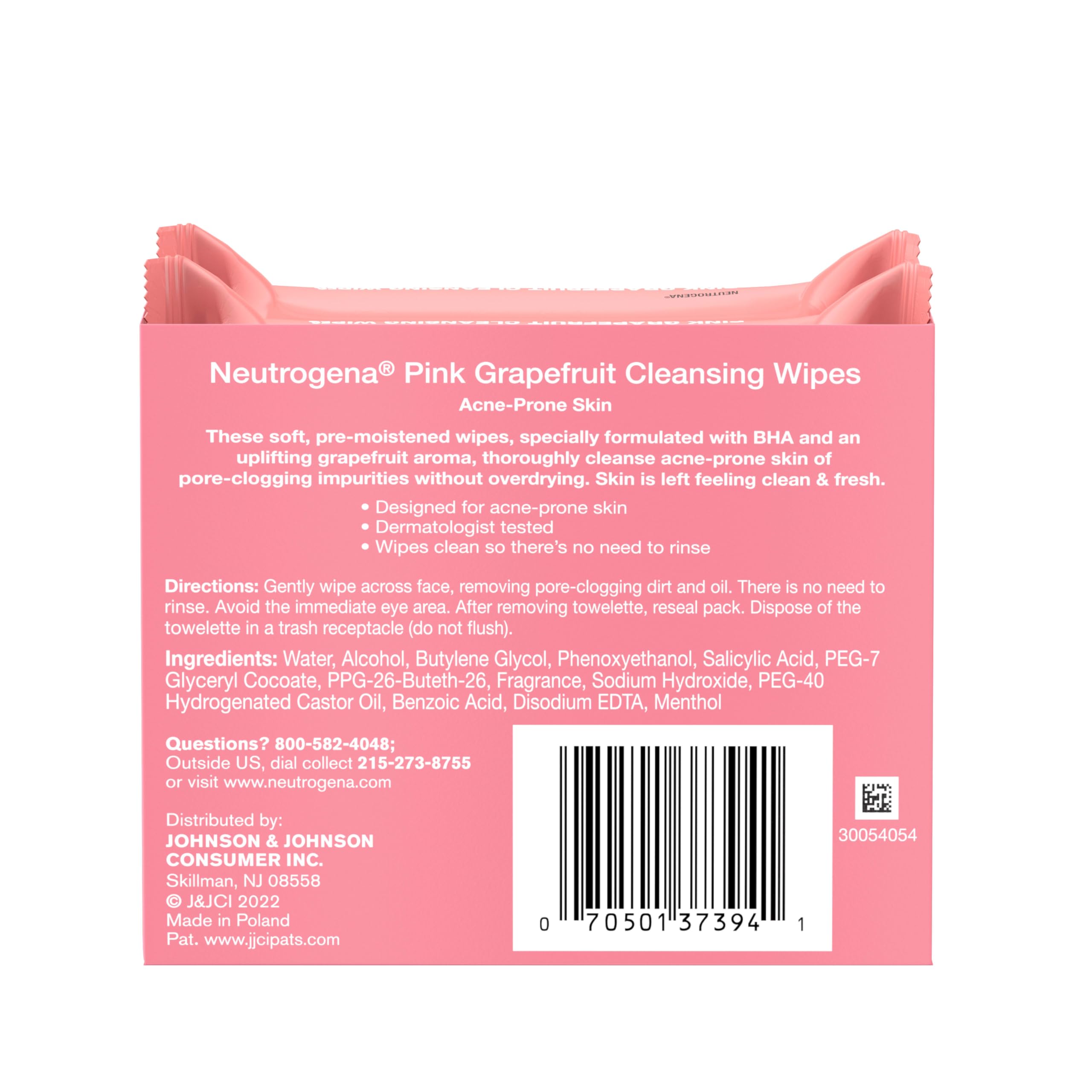 Neutrogena Pink Grapefruit Makeup Remover Wipes for Oily & Acne-Prone Skin - 50 Count Facial Cleansing Wipes with Natural Extract to Remove Bacteria, Dirt & Oil - Perfect for Travel, Gym & Quick Makeup Removal