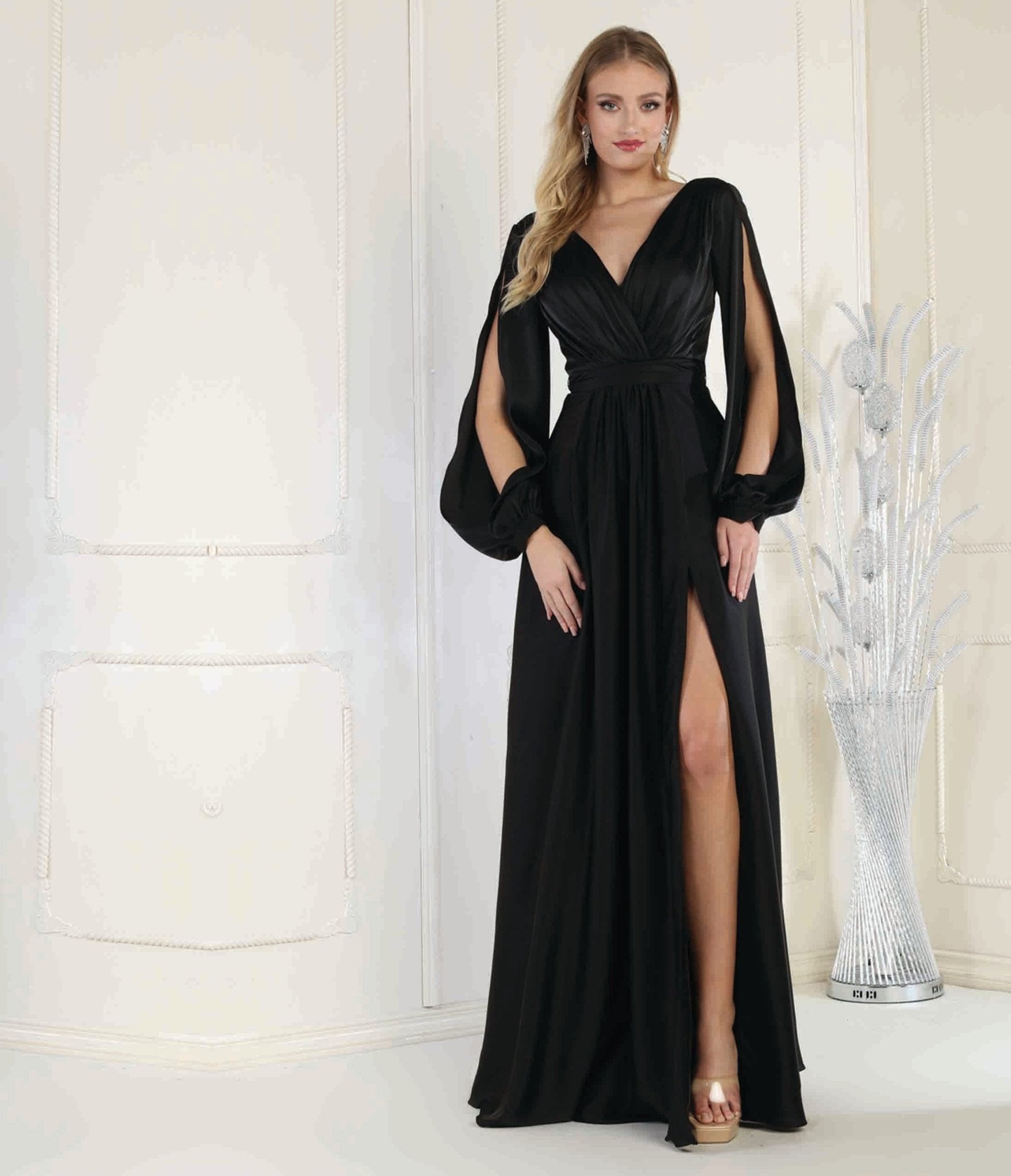 Elegant Black Satin Long Sleeve Goddess Gown - Formal Evening Dress for Prom, Wedding & Special Occasions