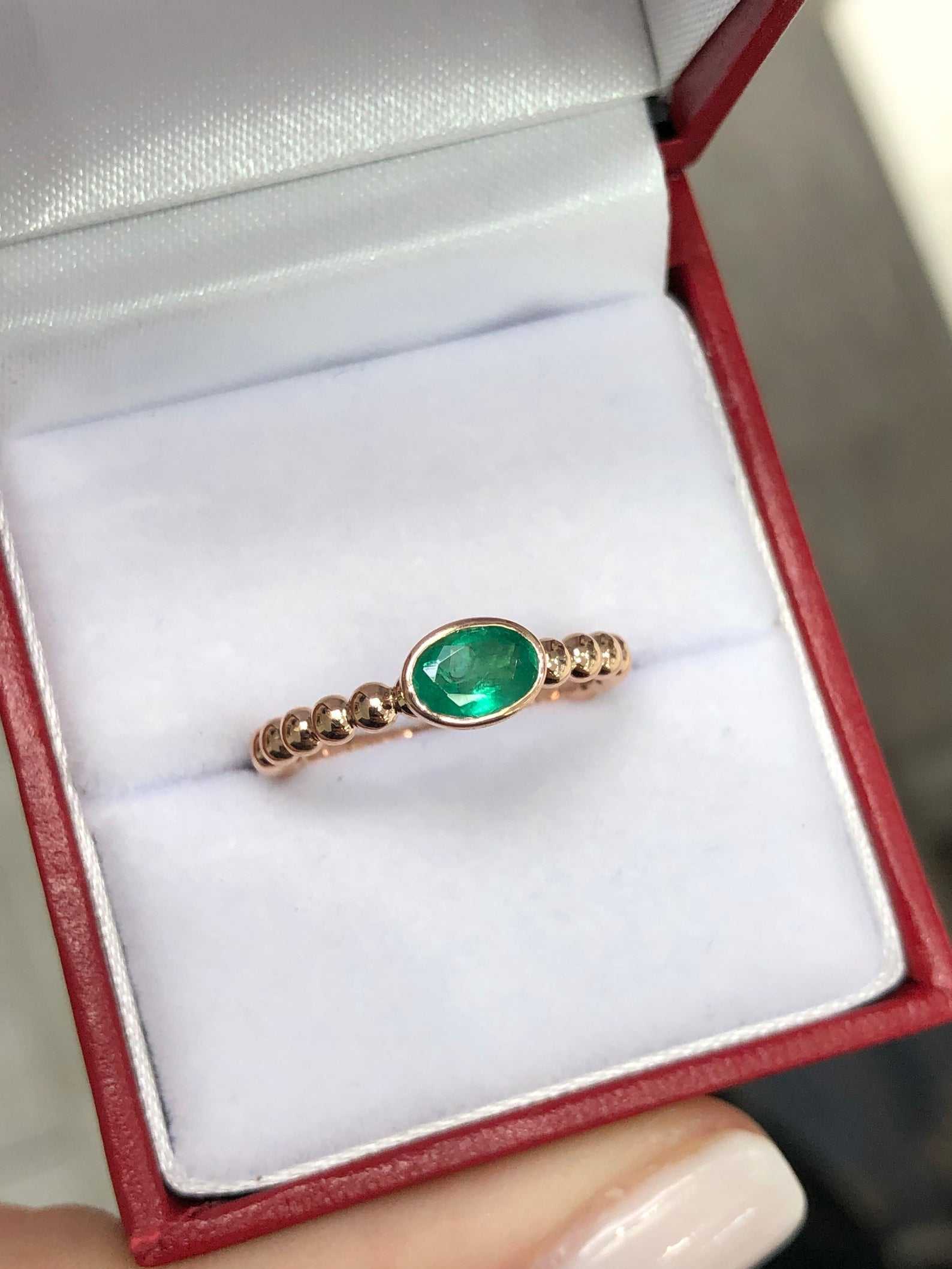 0.75 Carat Oval Emerald Solitaire Beaded Ring in 14K Gold - Elegant Bezel Setting for Engagement, Wedding & Anniversary Gifts