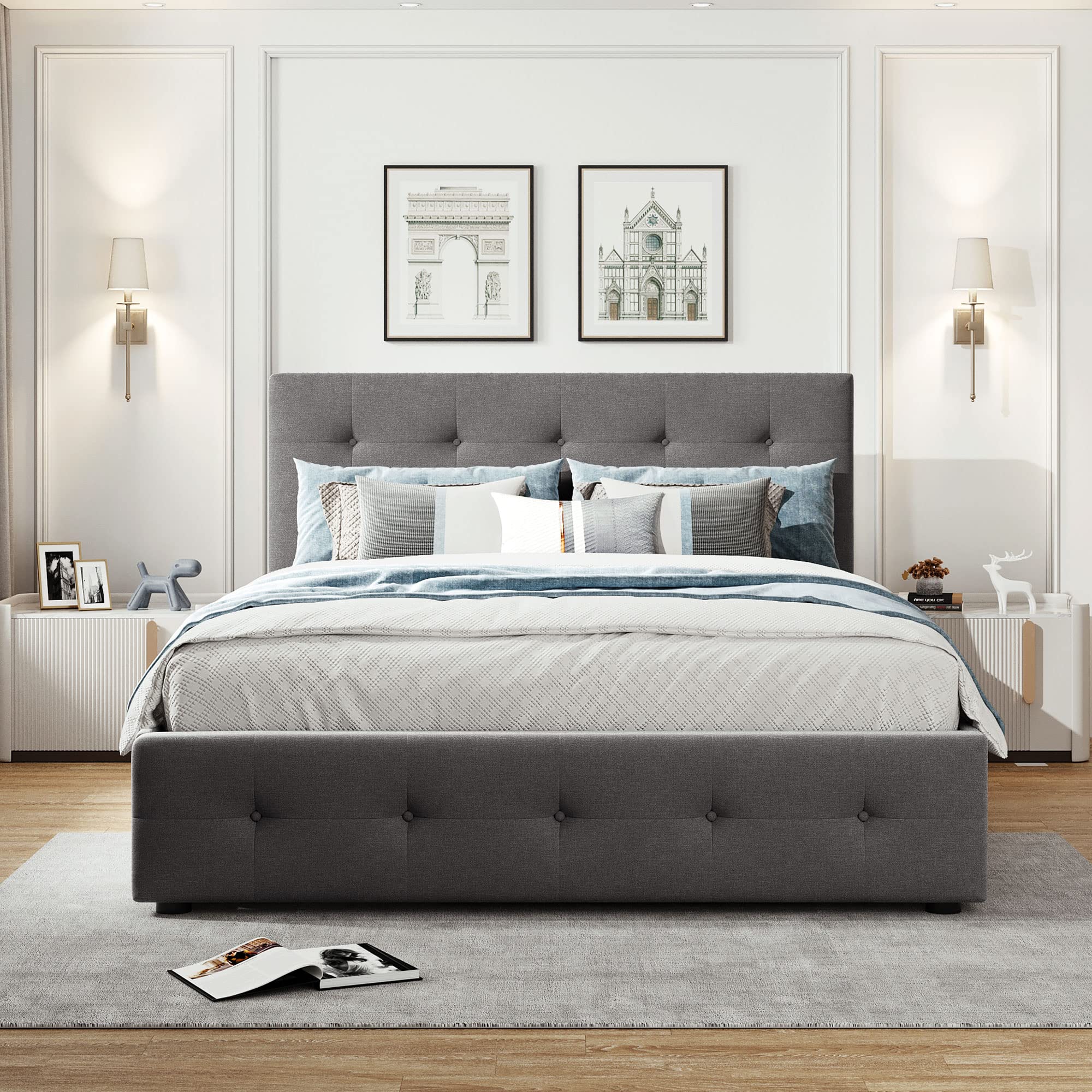Queen Size Upholstered Platform Bed with 2 Storage Drawers & Twin XL Trundle - Light Gray Linen Fabric Wooden Bed Frame for Guest Room, Small Space & Modern Bedroom