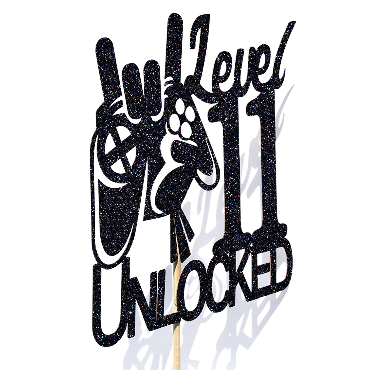 Black Glitter Video Game Level 11 Unlocked Cake Topper - Boys 11th Birthday Party Decorations - Gaming Theme Level Up Winner Cake Decor for Birthday Celebrations & Gaming Parties